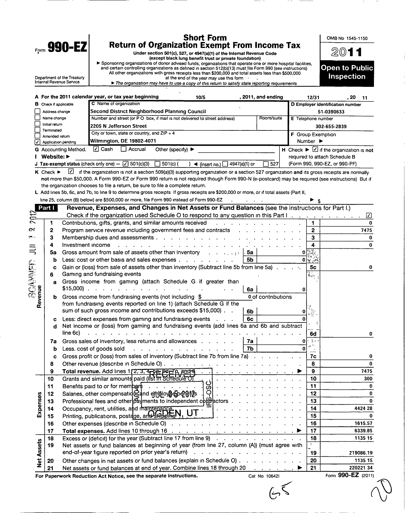 Image of first page of 2011 Form 990EZ for Second District Neighborhood Planning Council