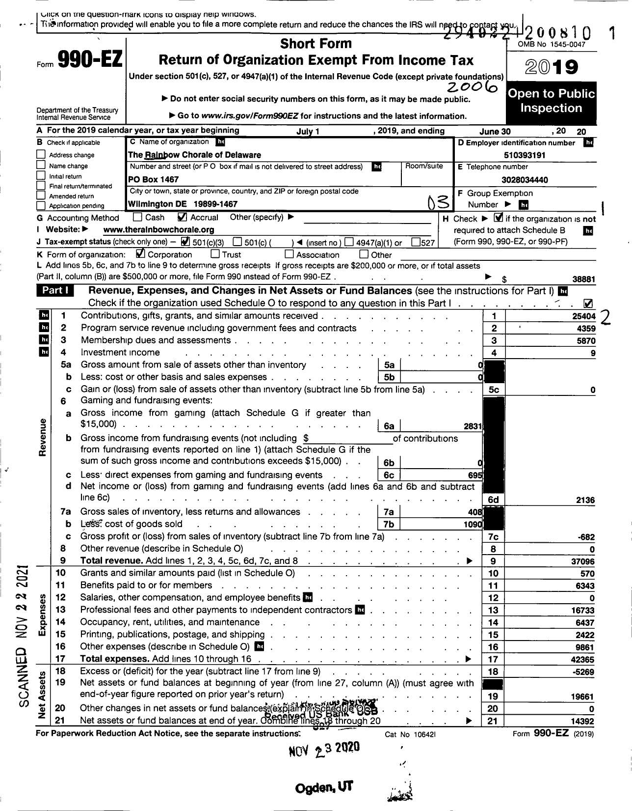 Image of first page of 2019 Form 990EZ for Rainbow Chorale of Delaware