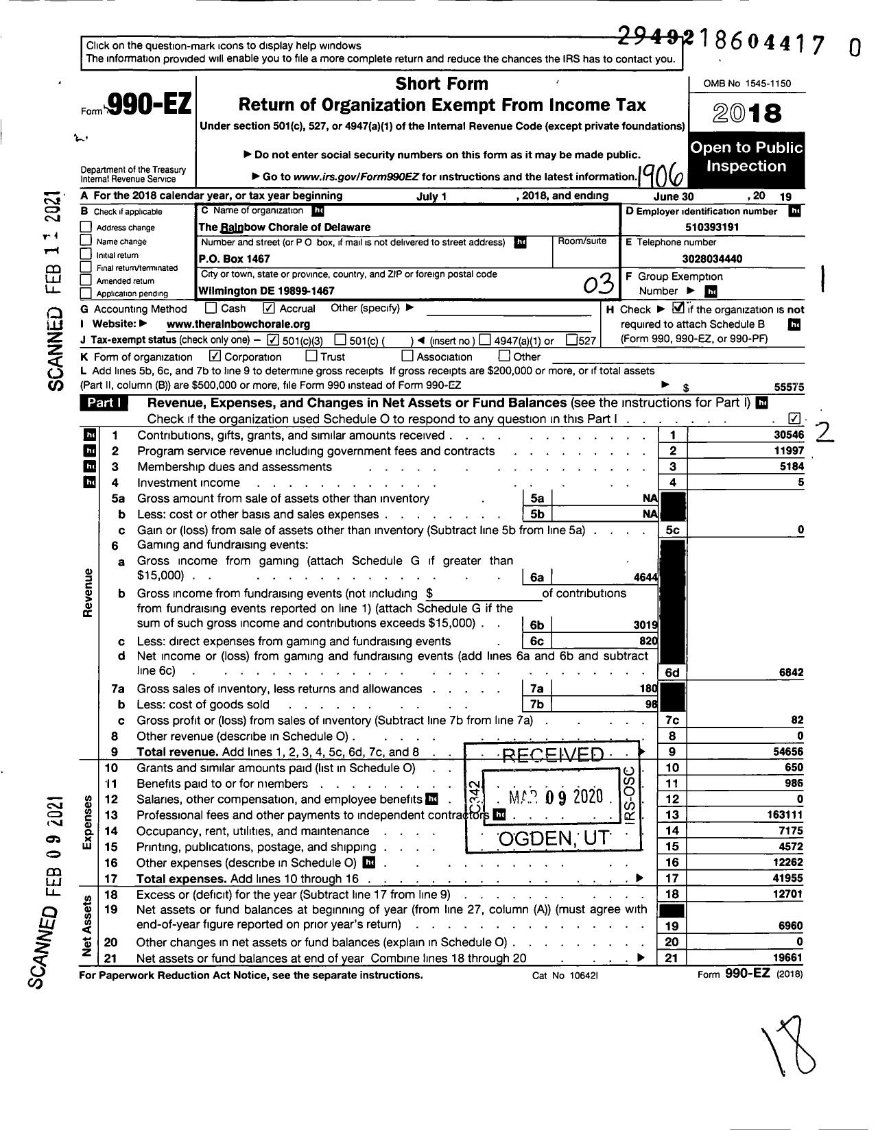 Image of first page of 2018 Form 990EZ for Rainbow Chorale of Delaware