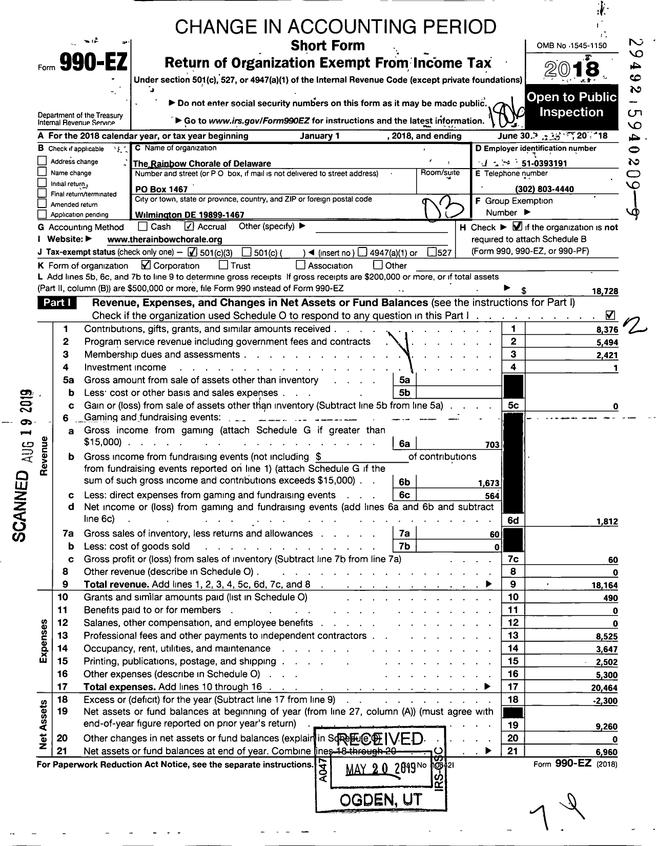 Image of first page of 2017 Form 990EZ for Rainbow Chorale of Delaware