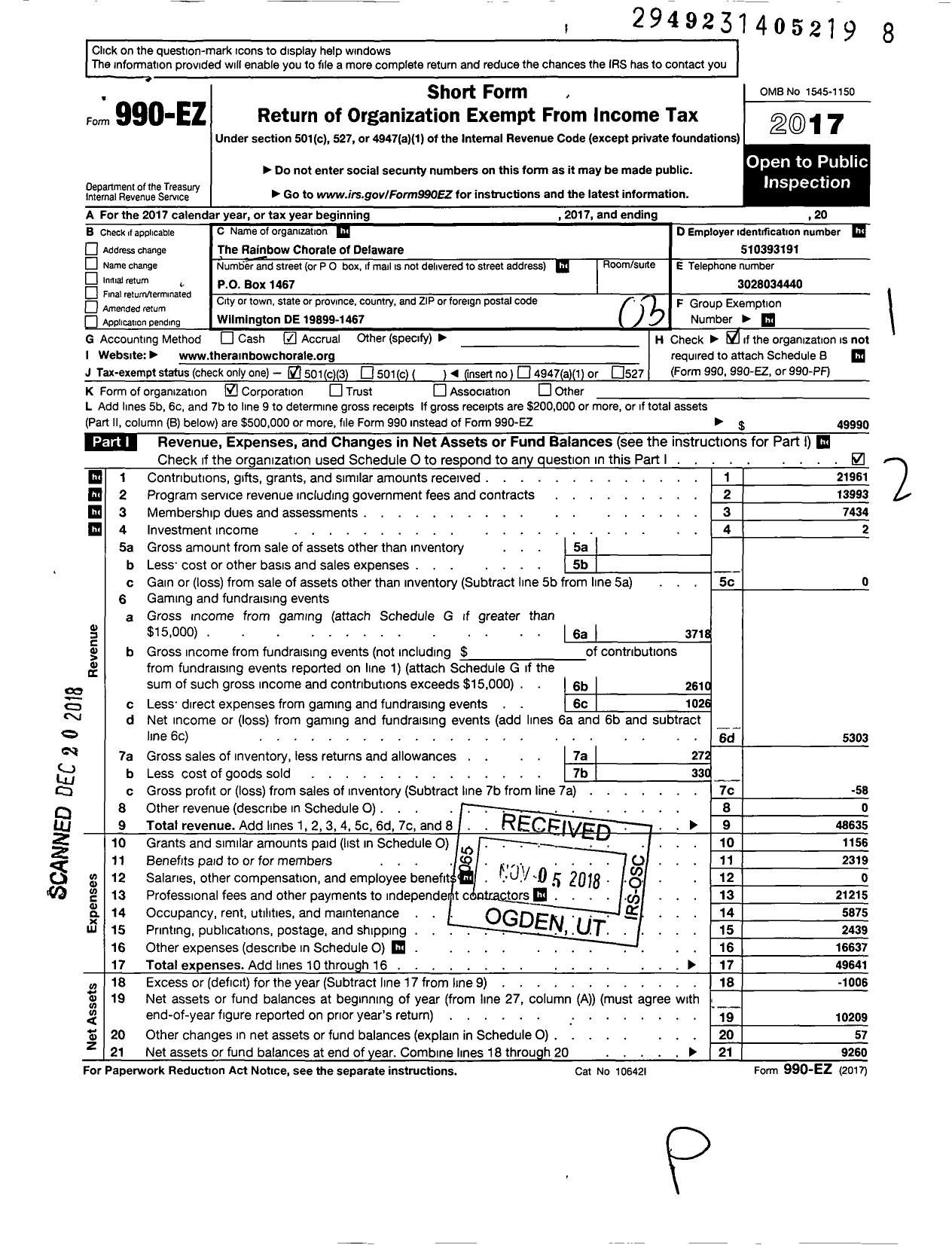 Image of first page of 2017 Form 990EZ for Rainbow Chorale of Delaware