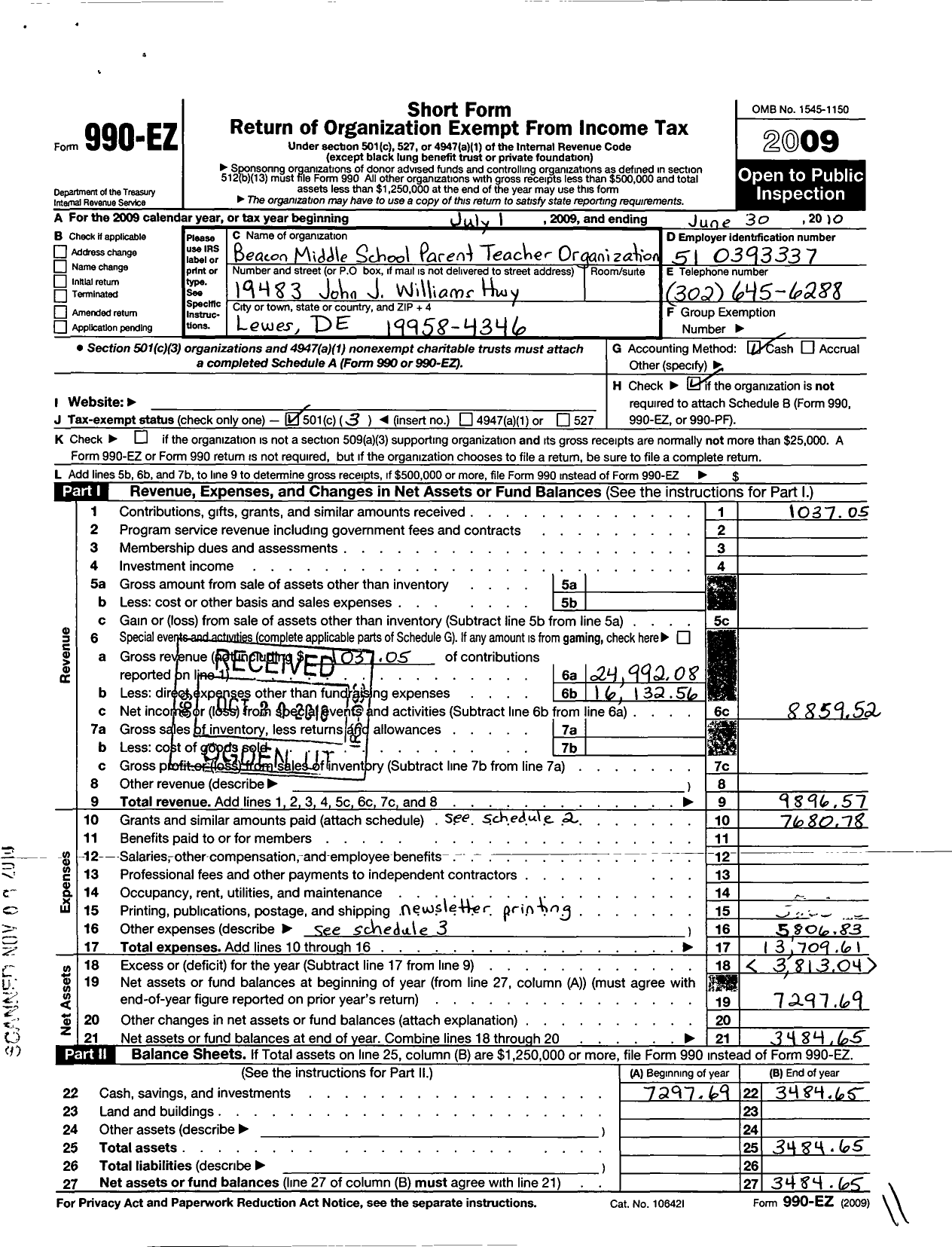 Image of first page of 2009 Form 990EZ for Beacon Middle School Parent-Teacher Organization
