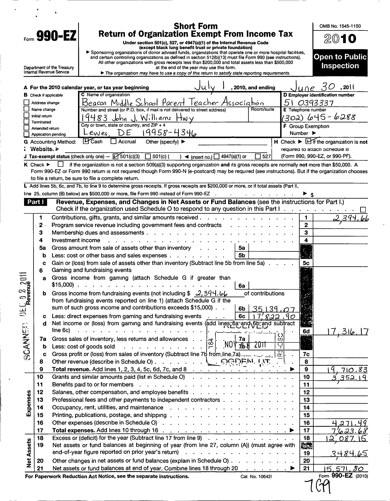Image of first page of 2010 Form 990EZ for Beacon Middle School Parent-Teacher Organization
