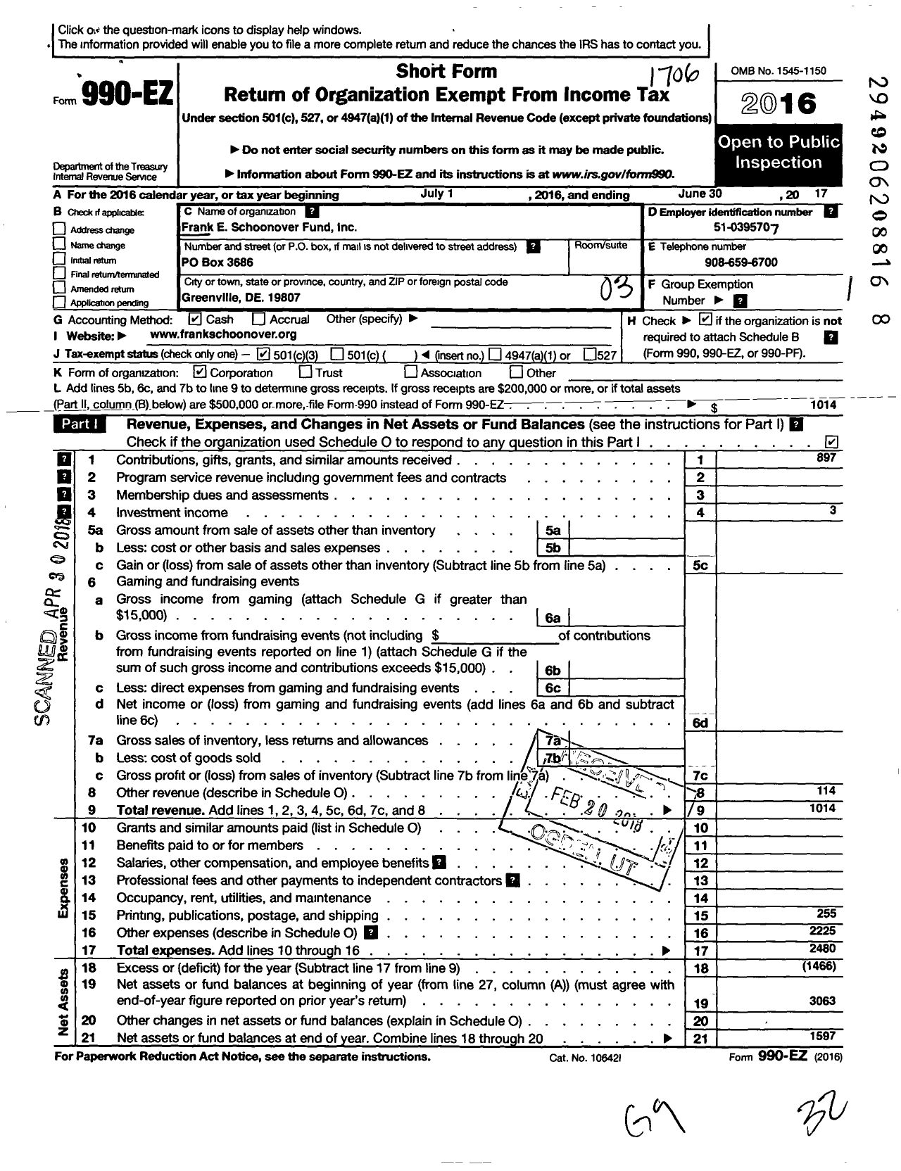 Image of first page of 2016 Form 990EZ for Franke Schoonover Fund