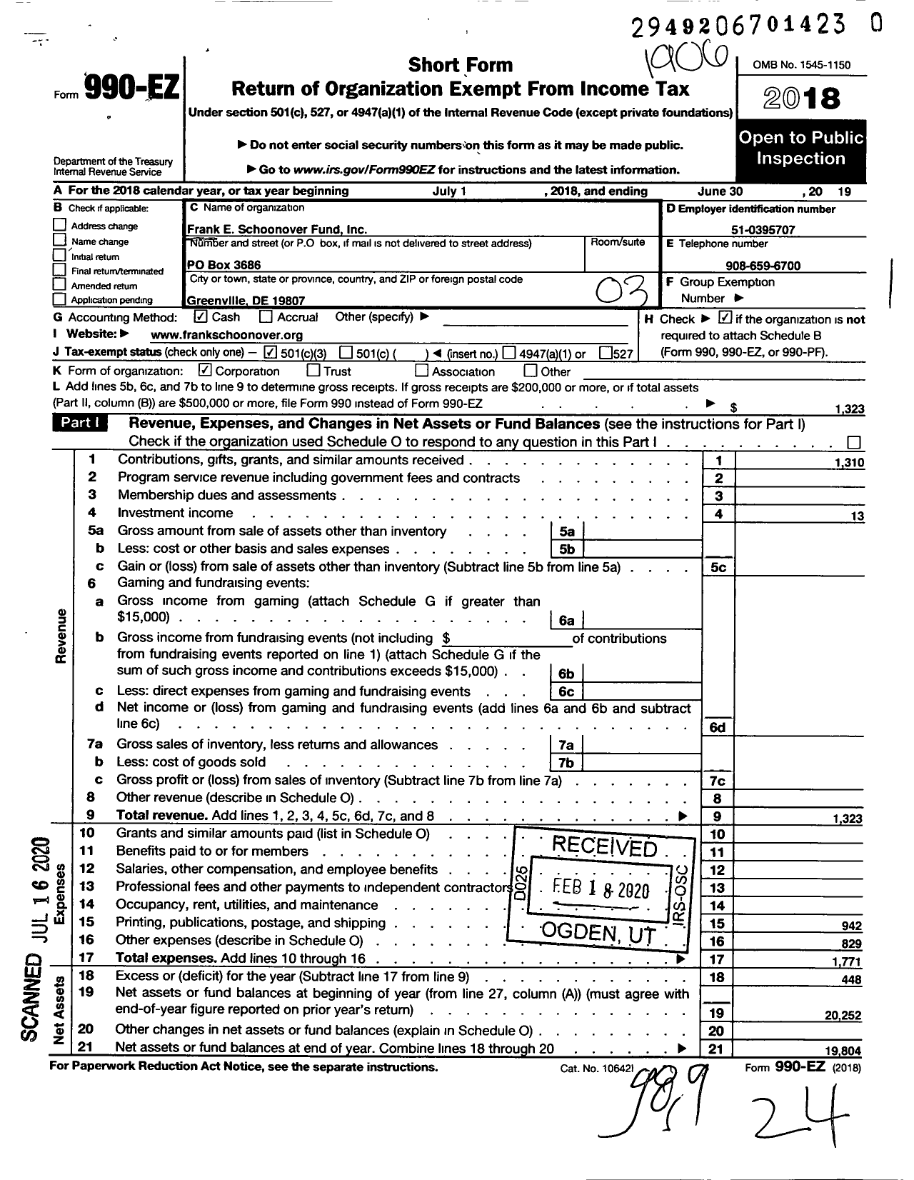 Image of first page of 2018 Form 990EZ for Franke Schoonover Fund