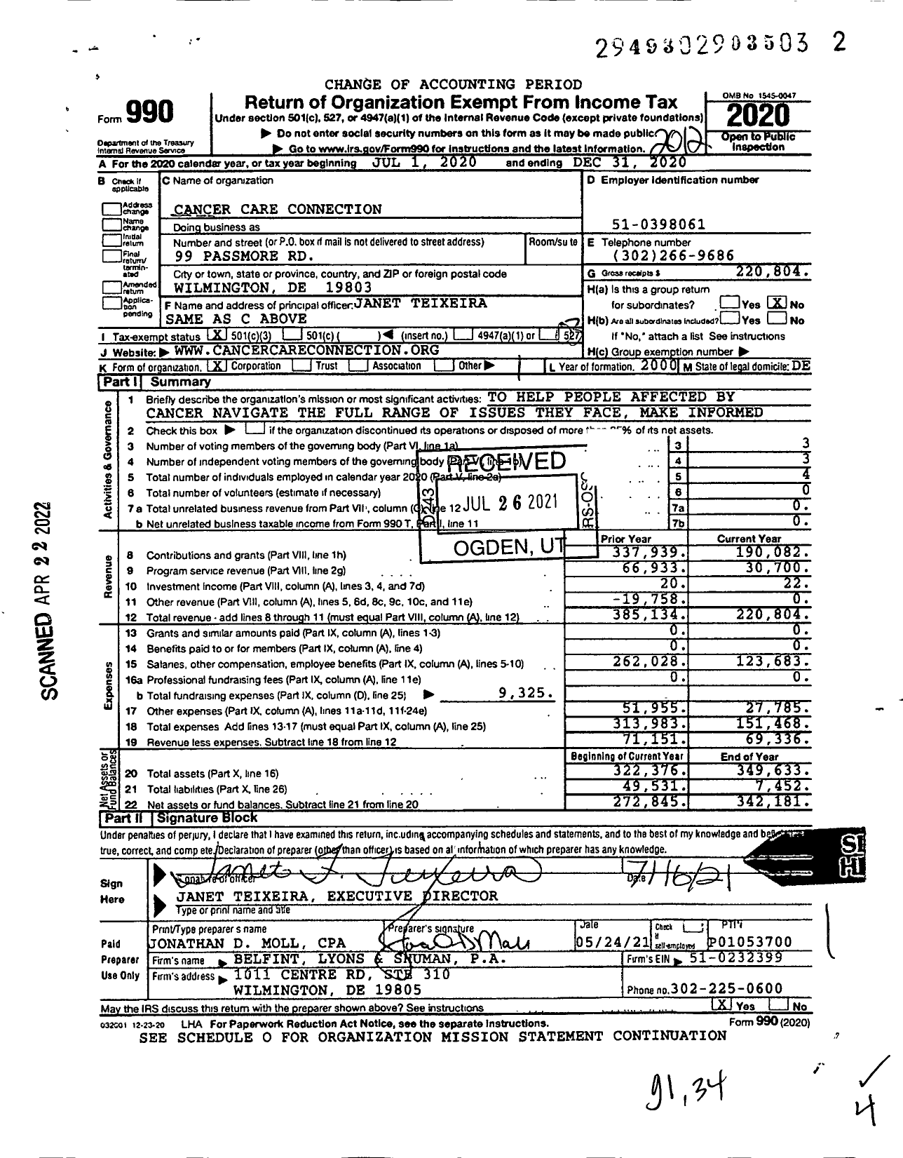 Image of first page of 2020 Form 990 for Cancer Care Connection