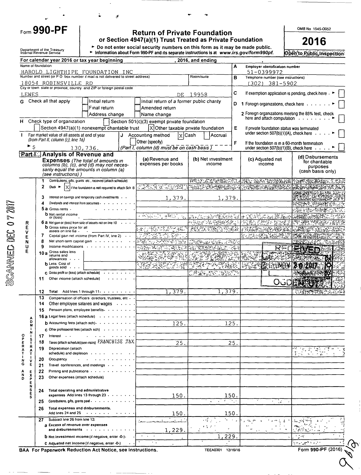 Image of first page of 2016 Form 990PF for Harold Lighthipe Foundation