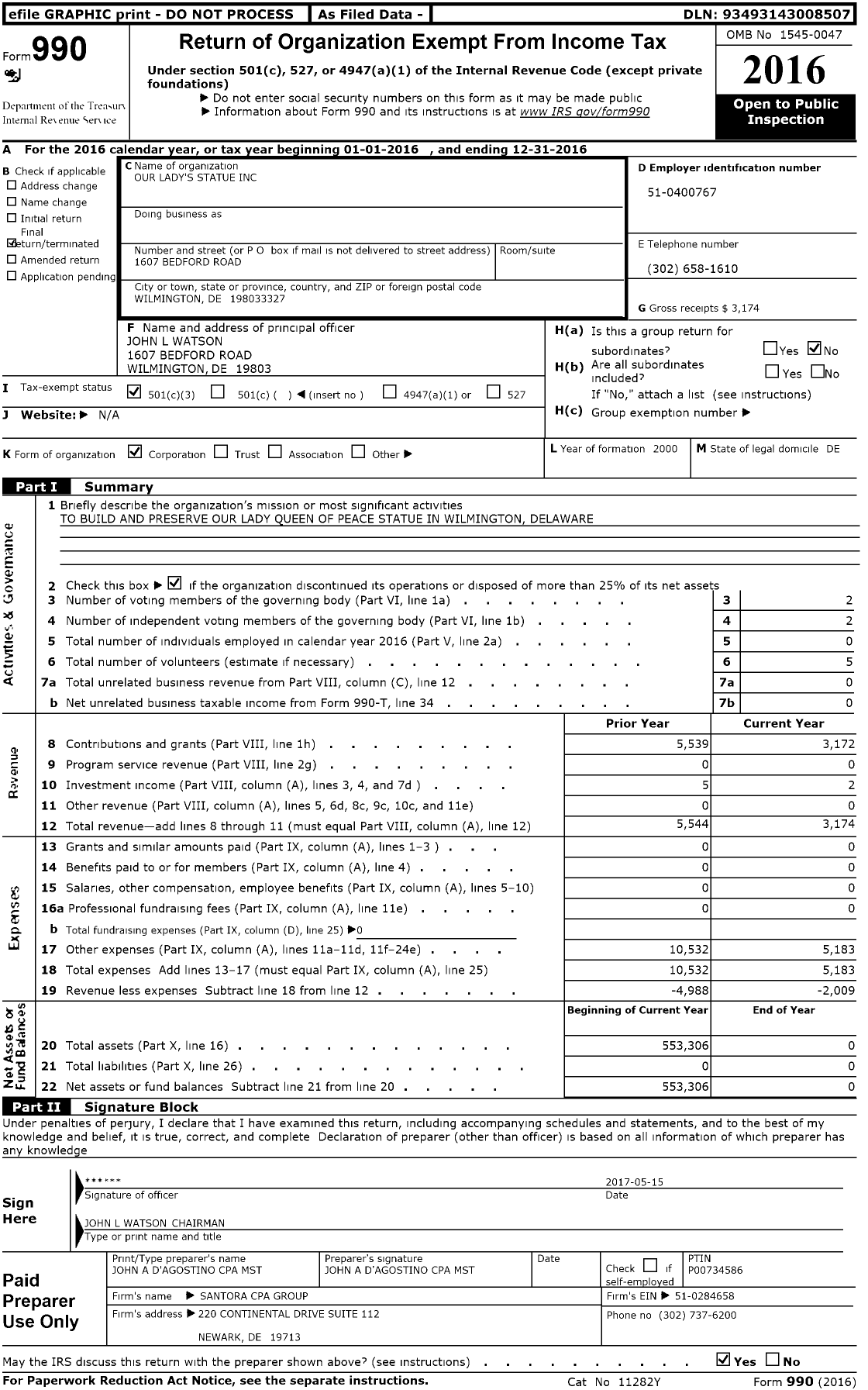 Image of first page of 2016 Form 990 for Our Lady's Statue