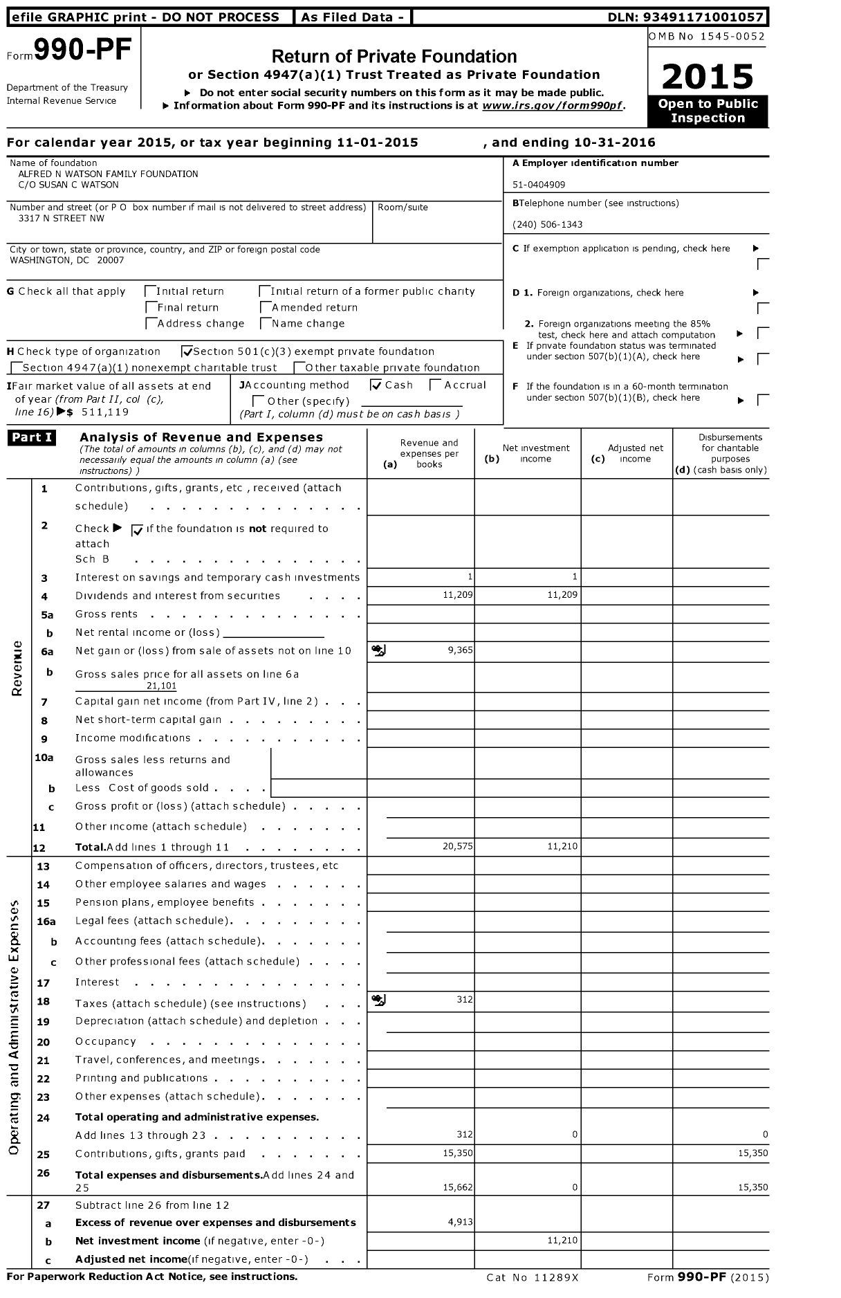 Image of first page of 2015 Form 990PF for Alfred N Watson Family Foundation