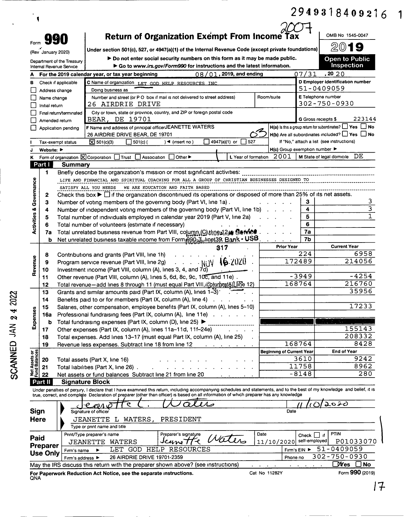 Image of first page of 2019 Form 990 for Let God Help Resources