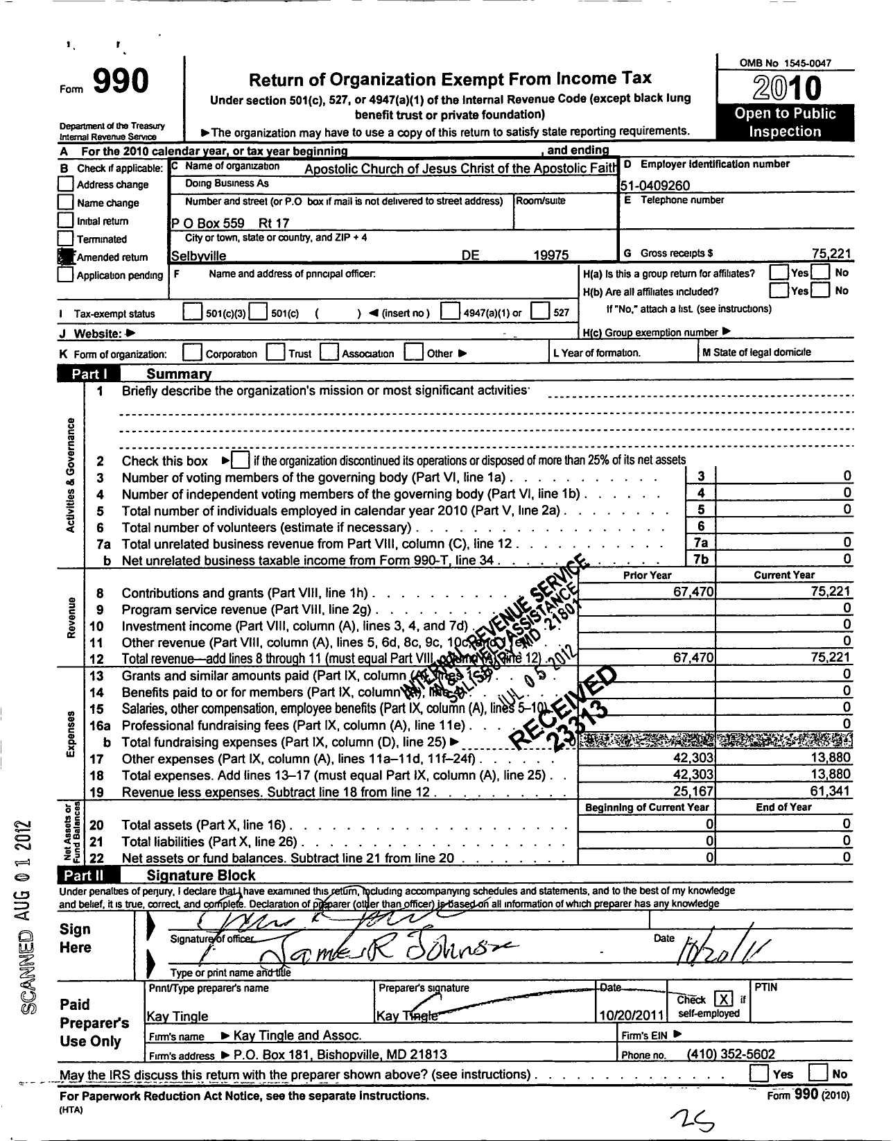 Image of first page of 2010 Form 990O for Apostolic Church of Jesus Christ of the