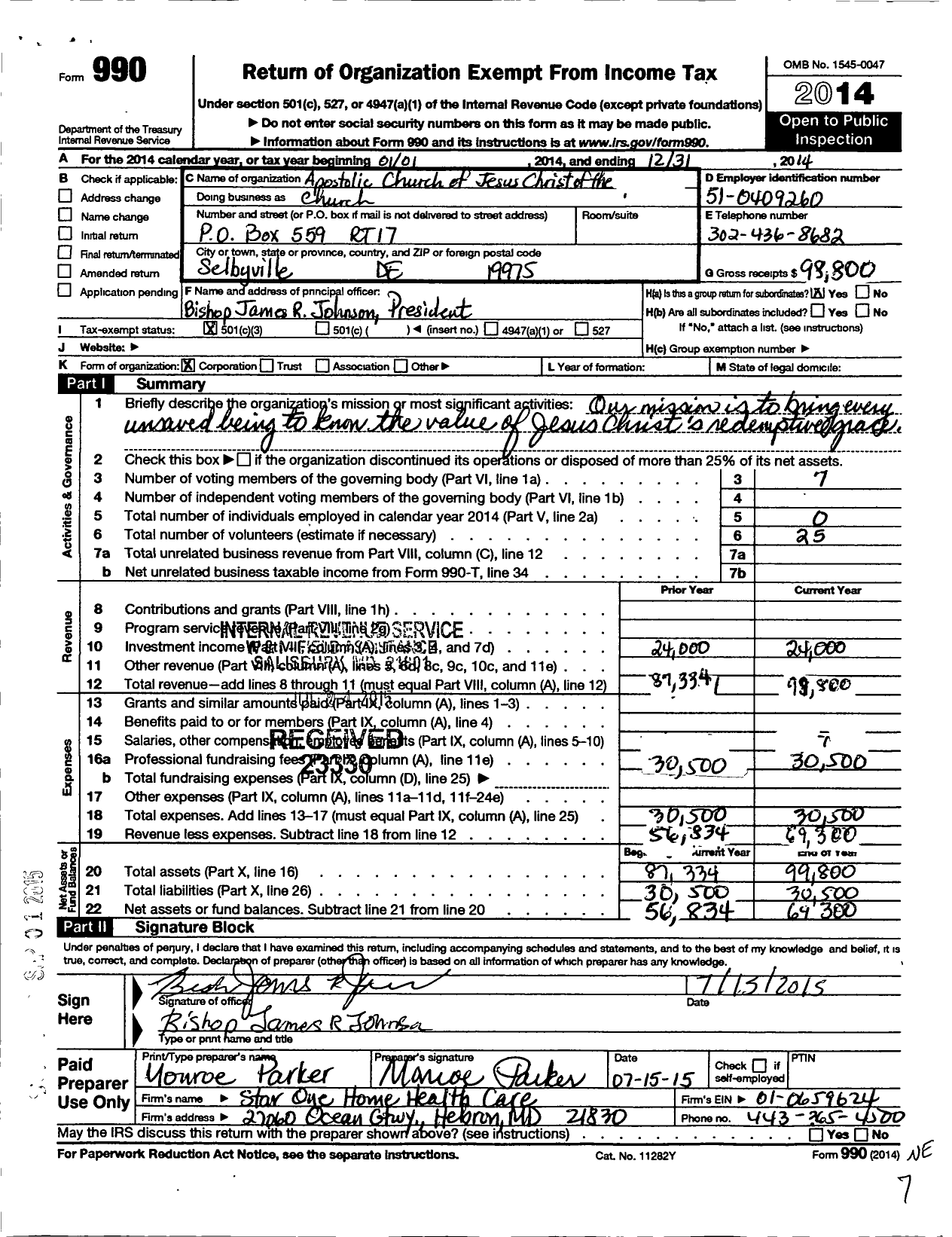 Image of first page of 2014 Form 990 for Apostolic Church of Jesus Christ of the