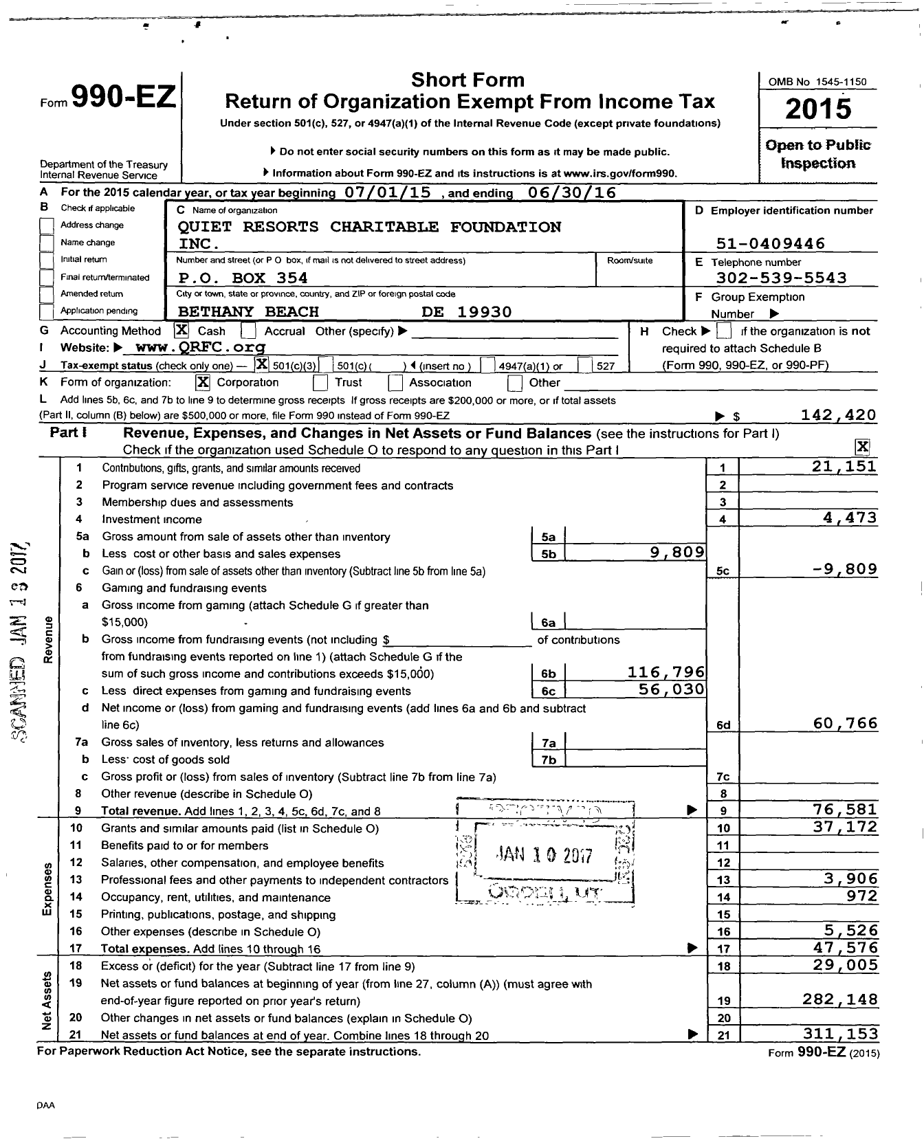 Image of first page of 2015 Form 990EZ for Quiet Resorts Charitable Foundation