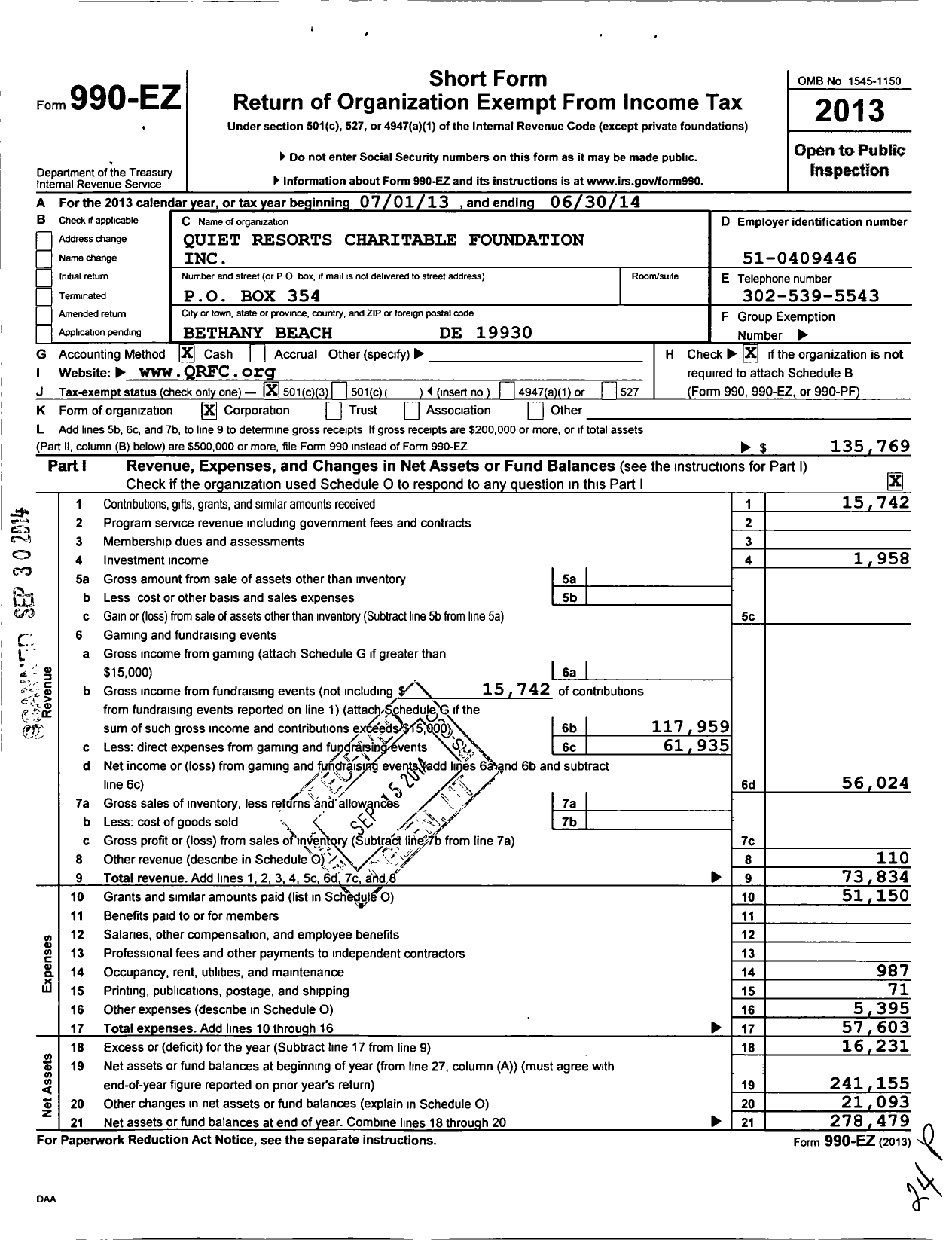 Image of first page of 2013 Form 990EZ for Quiet Resorts Charitable Foundation