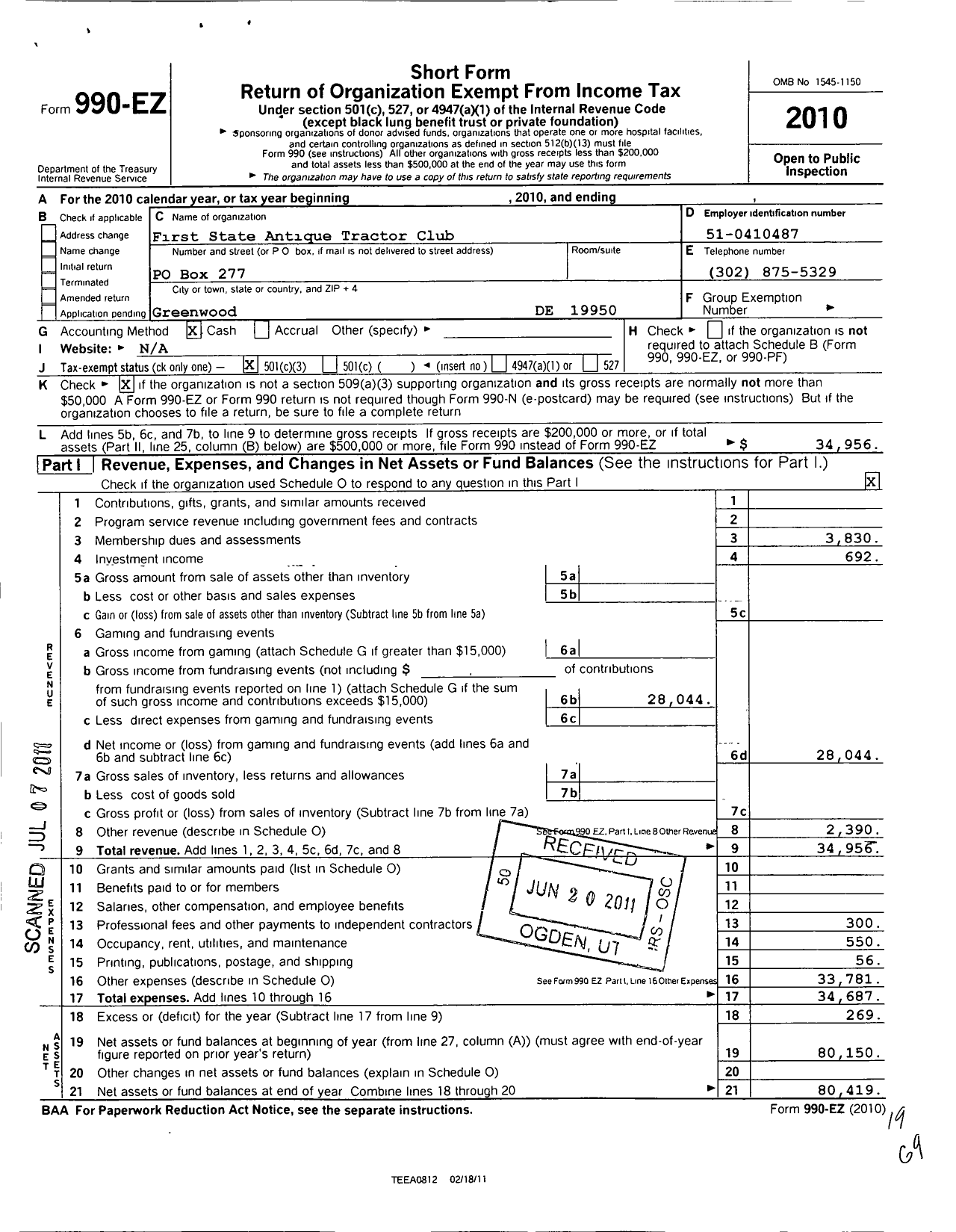 Image of first page of 2010 Form 990EZ for First State Antique Tractor Club