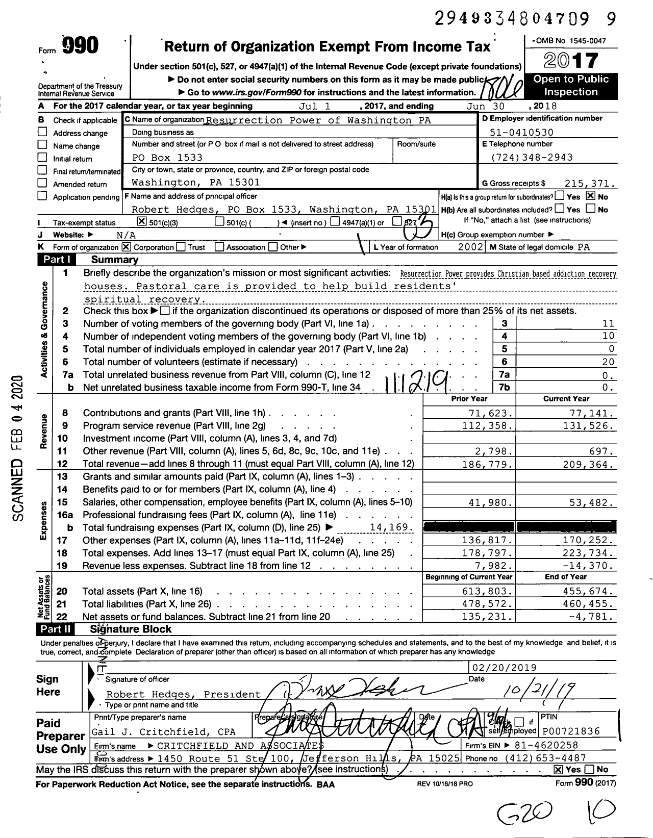 Image of first page of 2017 Form 990 for Resurrection Power of Washington PA