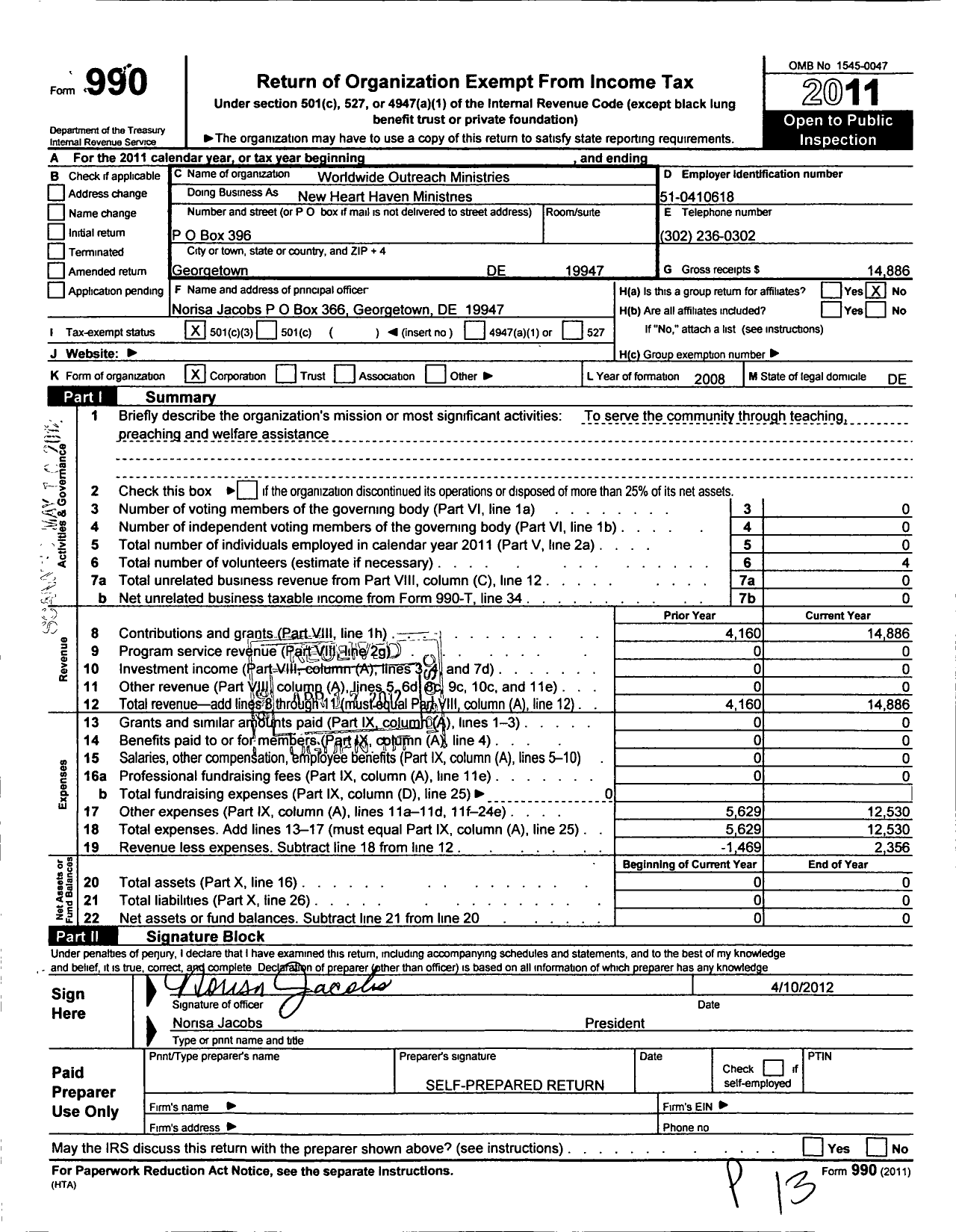 Image of first page of 2011 Form 990 for Worldwide Outreach Ministries