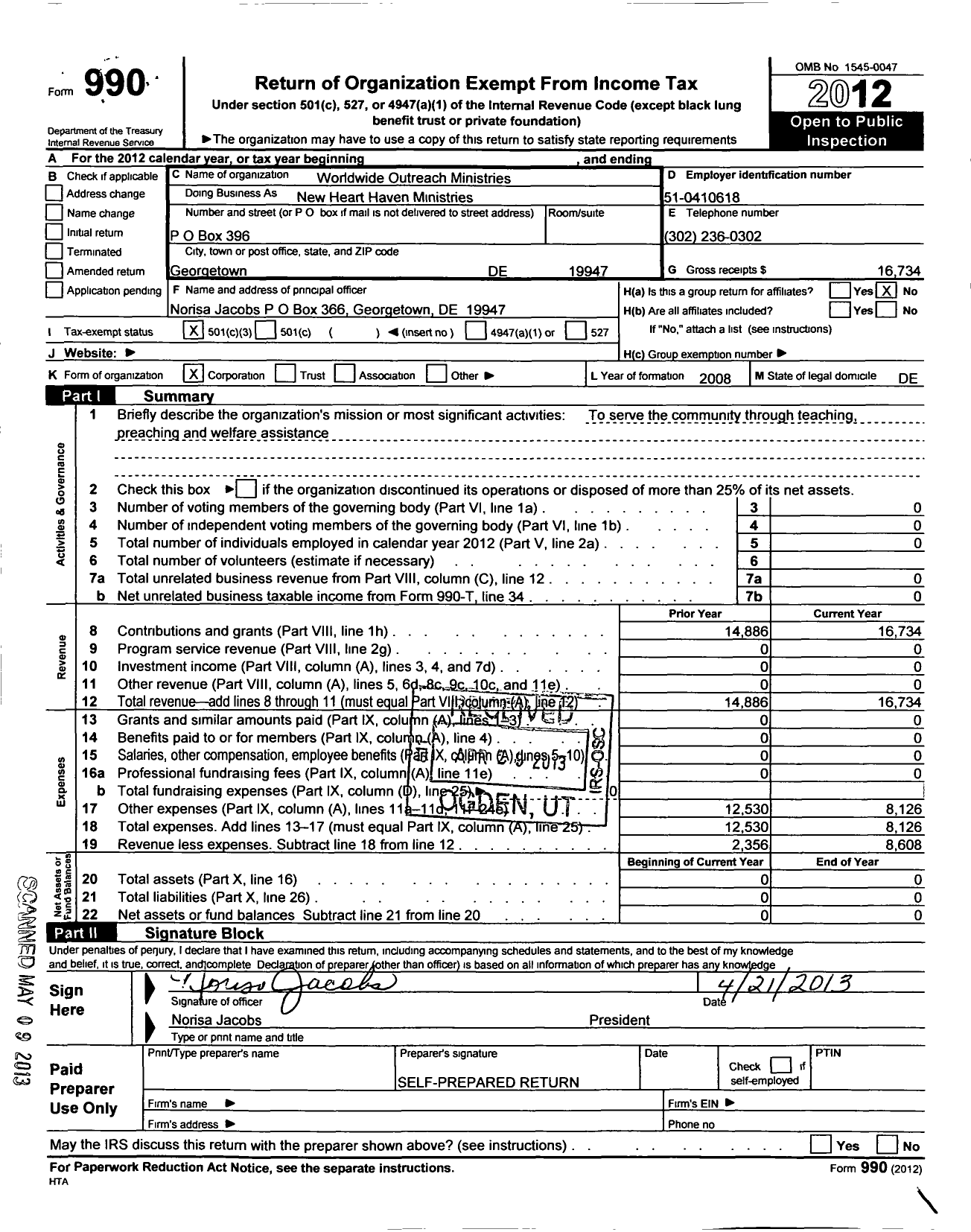 Image of first page of 2012 Form 990 for Worldwide Outreach Ministries