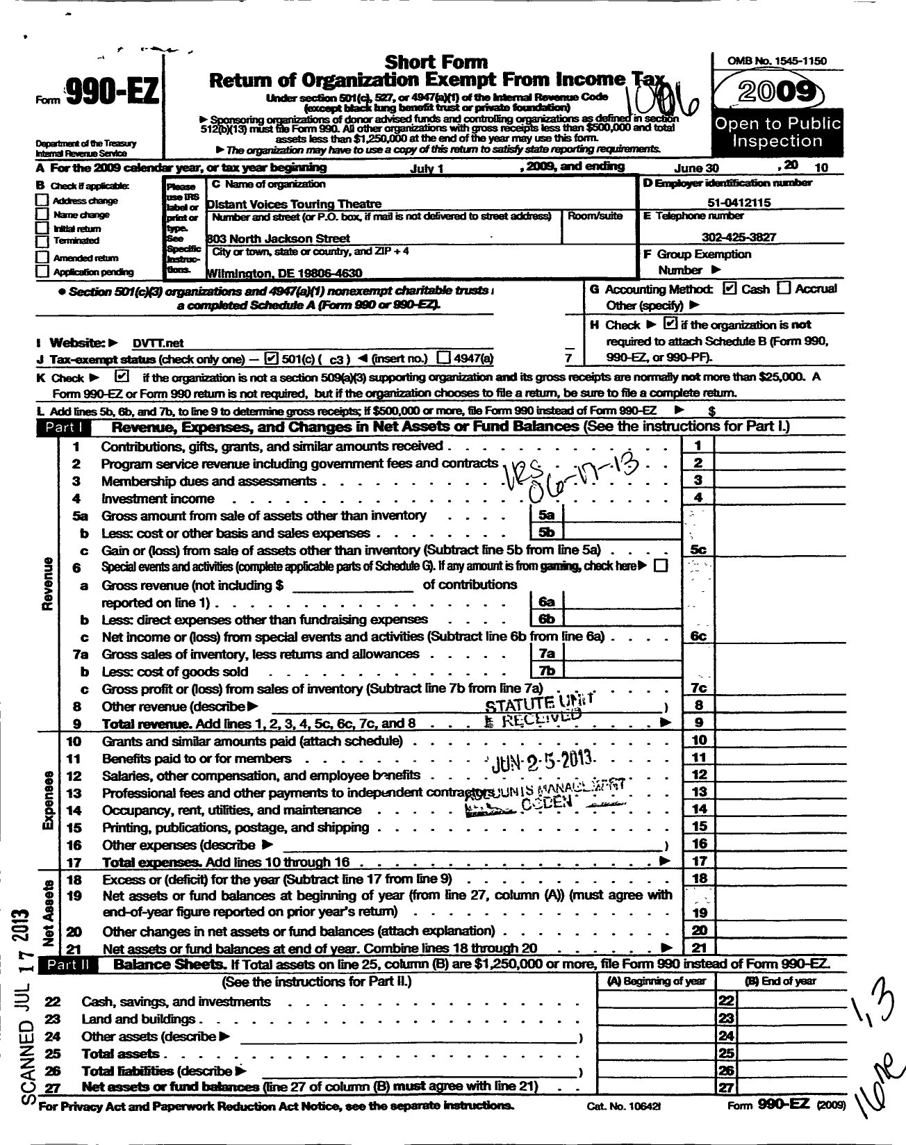 Image of first page of 2009 Form 990EZ for Distant Voices Touring Theater