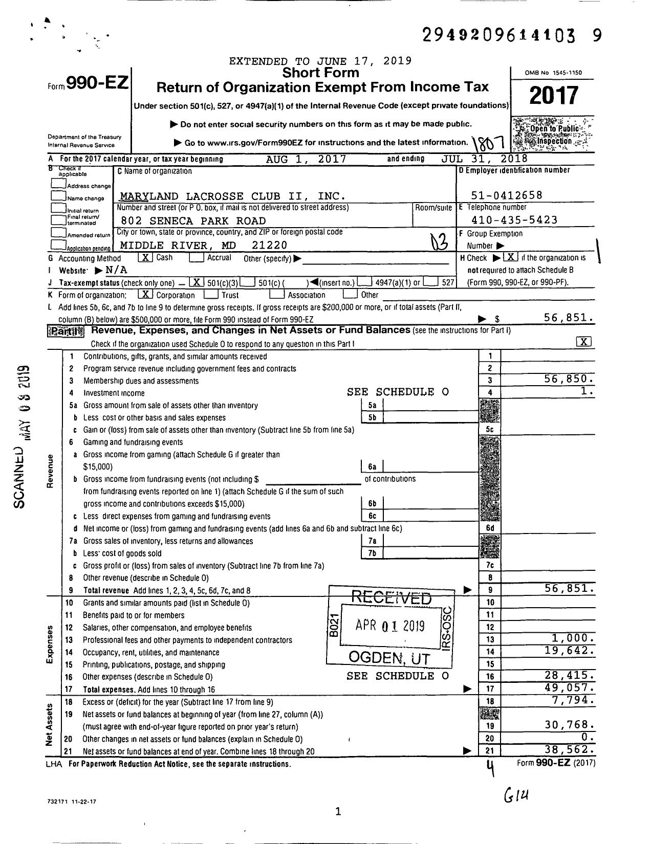 Image of first page of 2017 Form 990EZ for Maryland Lacrosse Club Ii