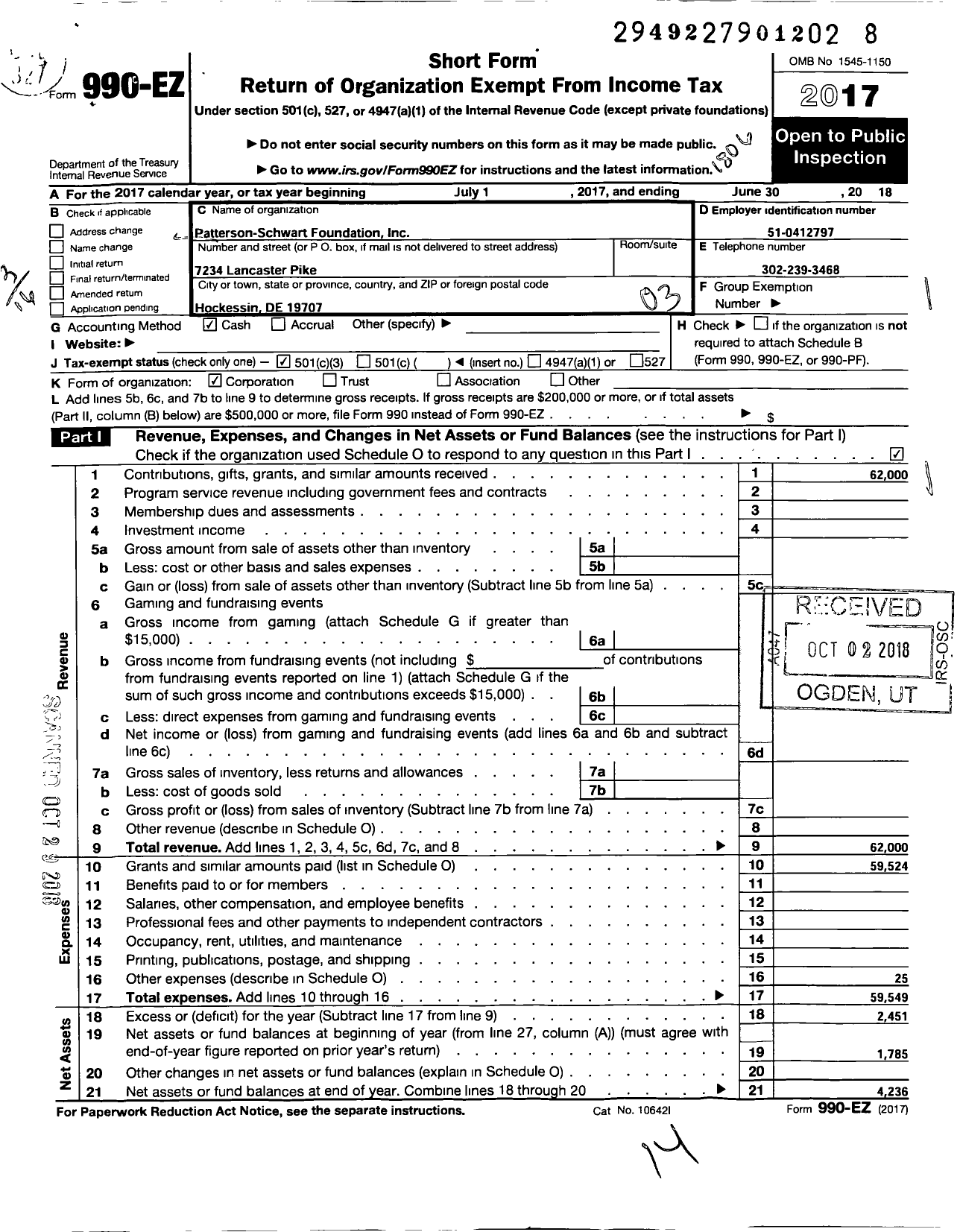 Image of first page of 2017 Form 990EZ for Patterson - Schwartz and Associates Foundation