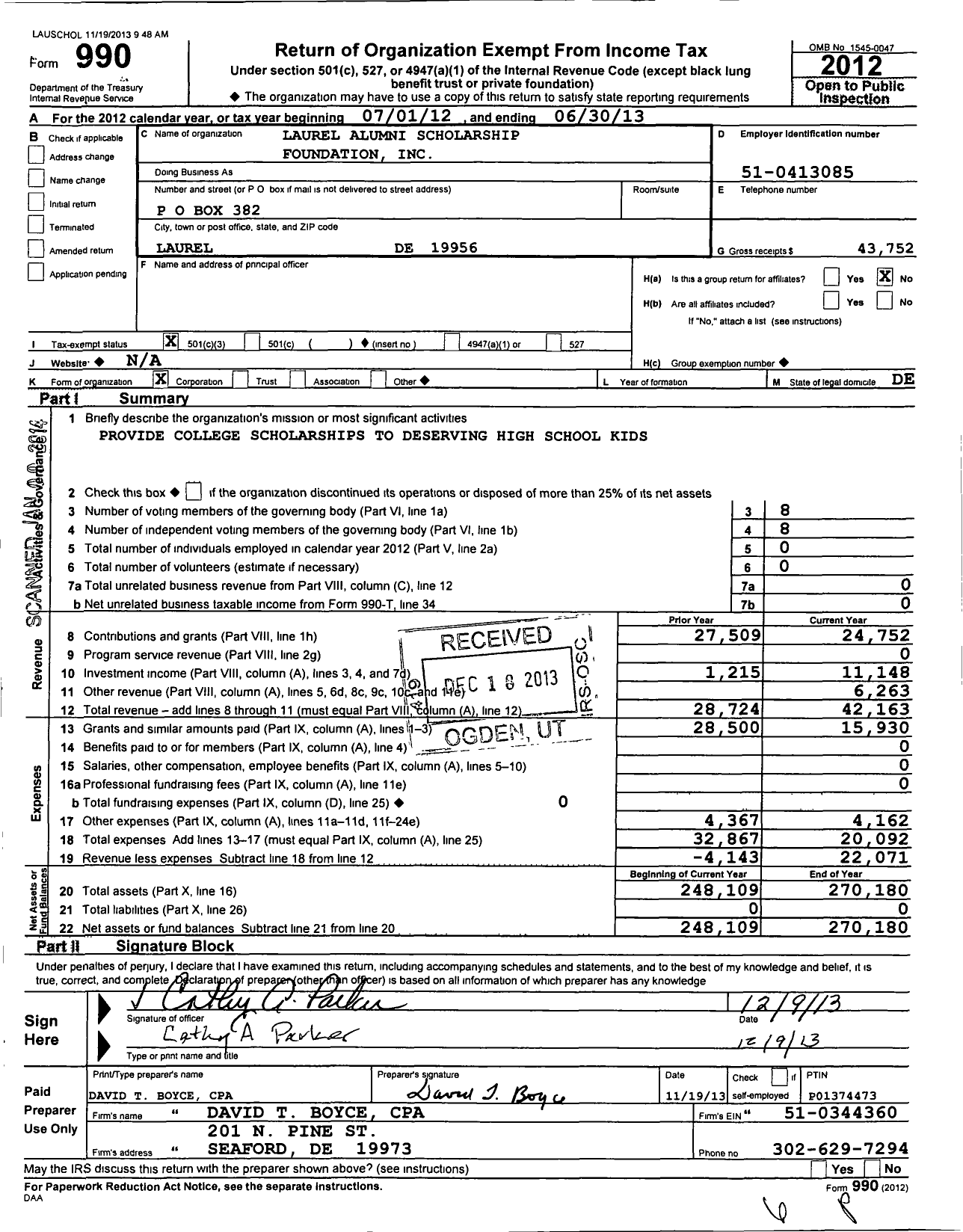 Image of first page of 2012 Form 990 for Laurel Alumni Scholarship Foundation