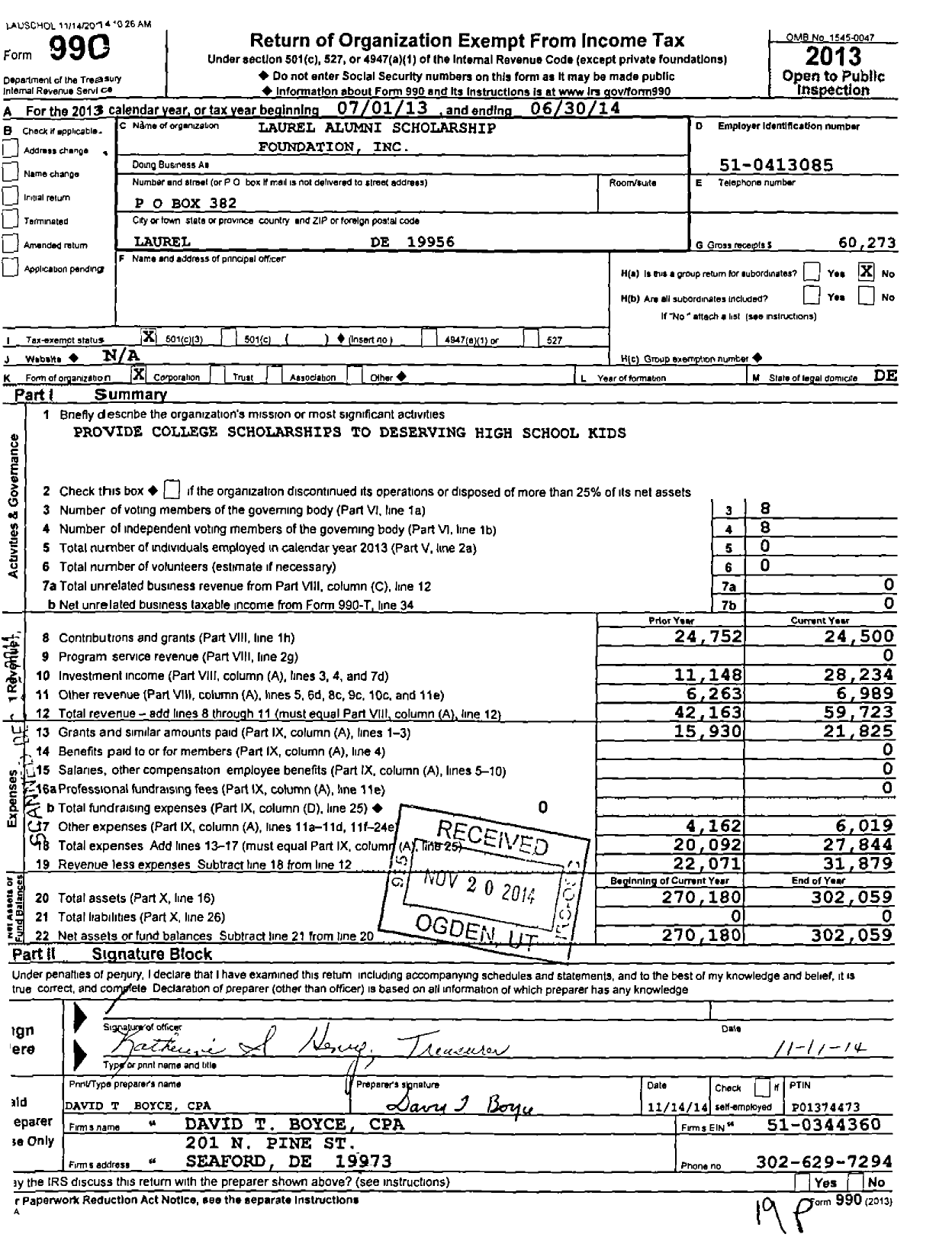 Image of first page of 2013 Form 990 for Laurel Alumni Scholarship Foundation