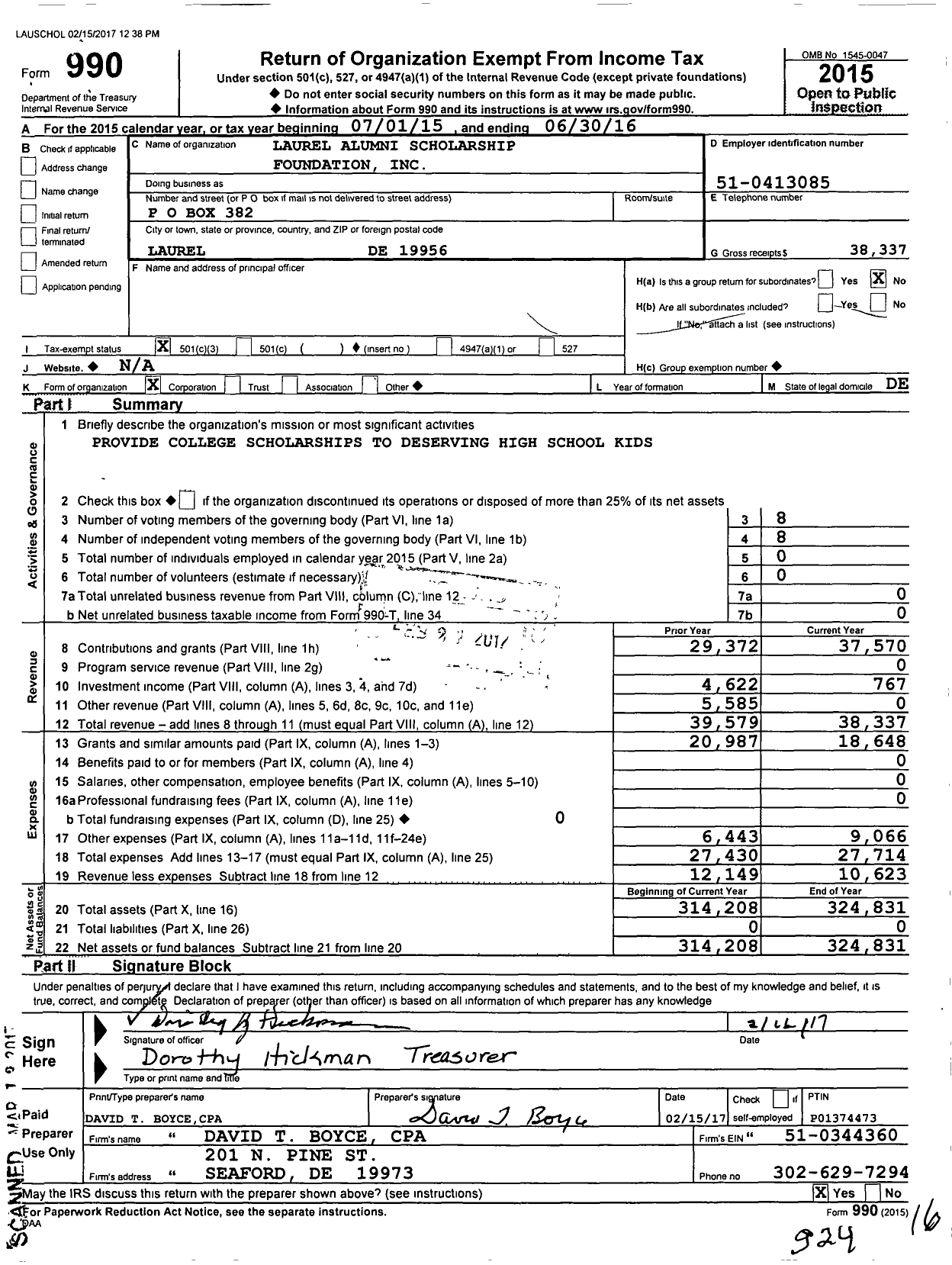 Image of first page of 2015 Form 990 for Laurel Alumni Scholarship Foundation