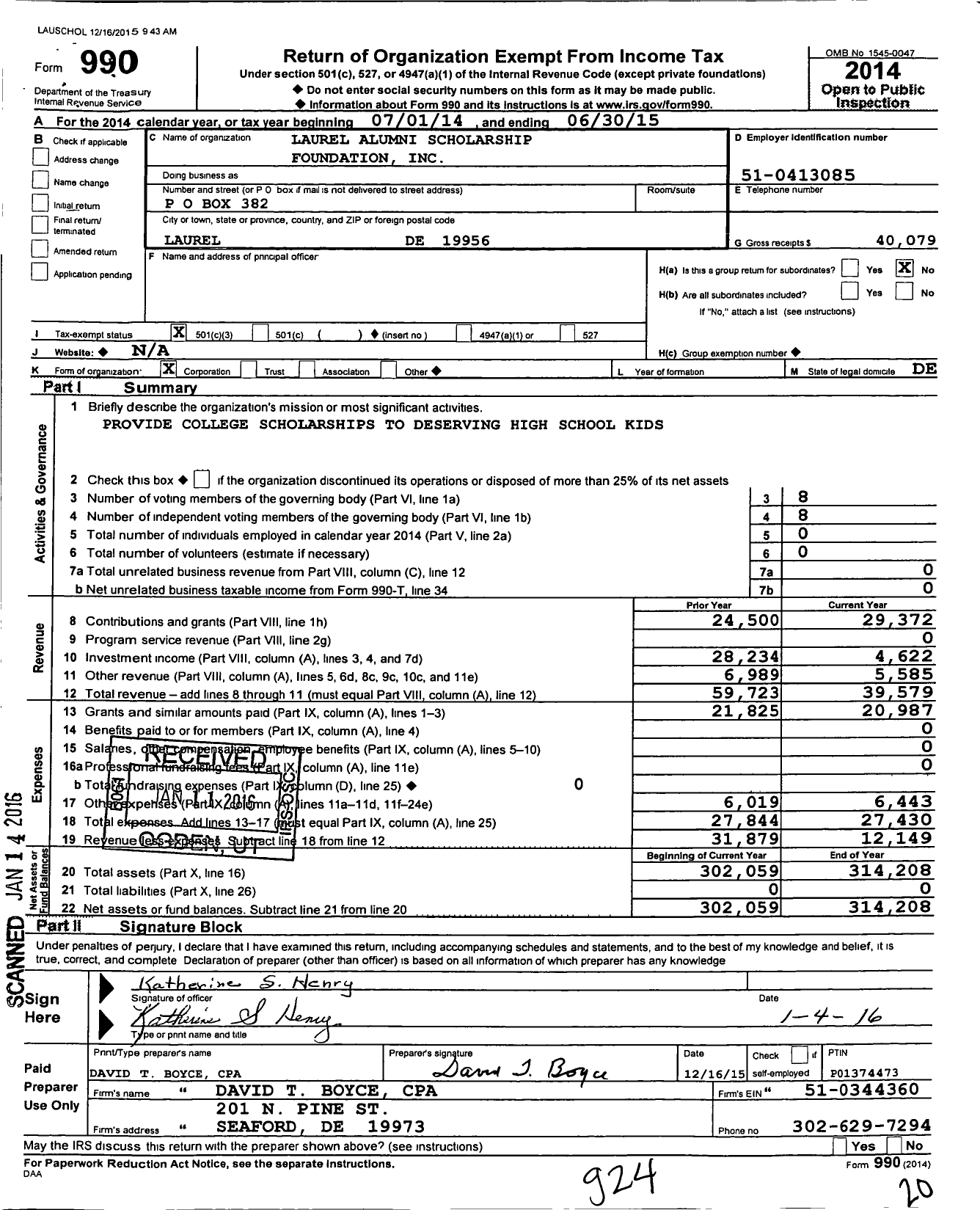 Image of first page of 2014 Form 990 for Laurel Alumni Scholarship Foundation