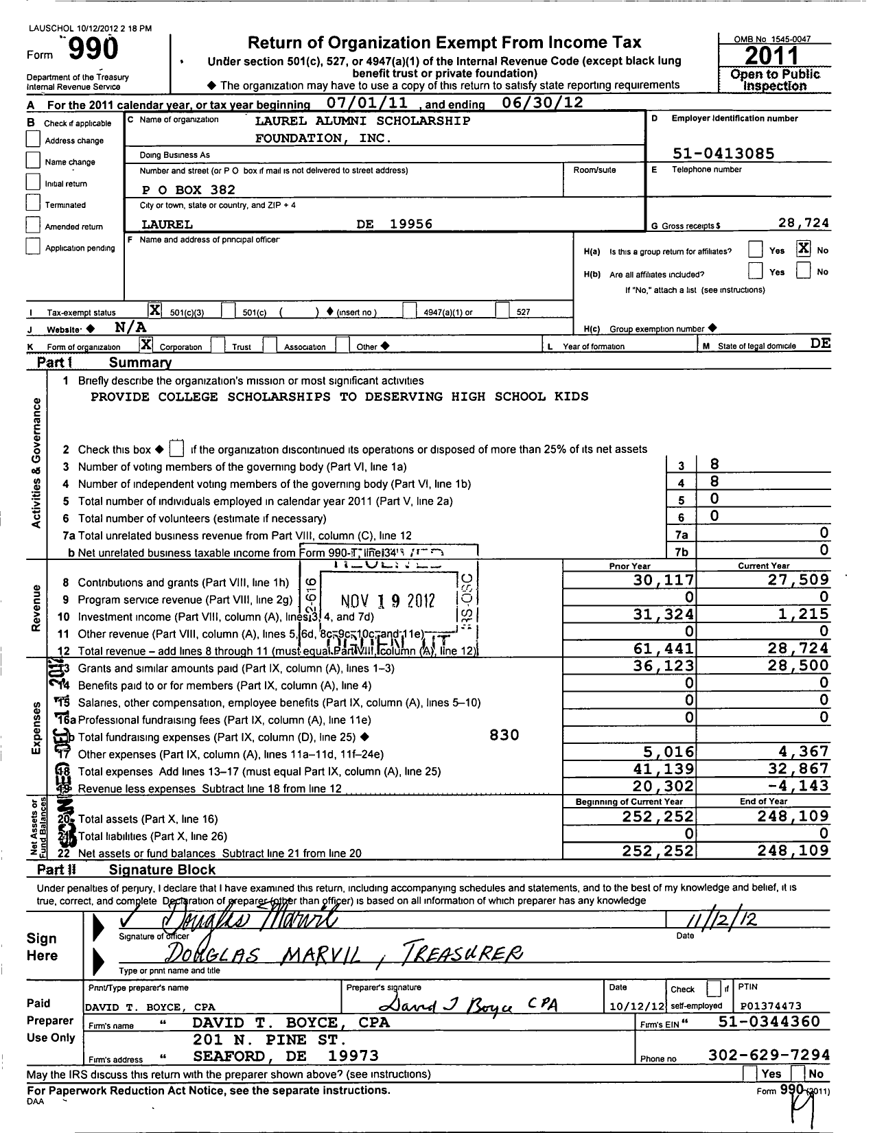 Image of first page of 2011 Form 990 for Laurel Alumni Scholarship Foundation