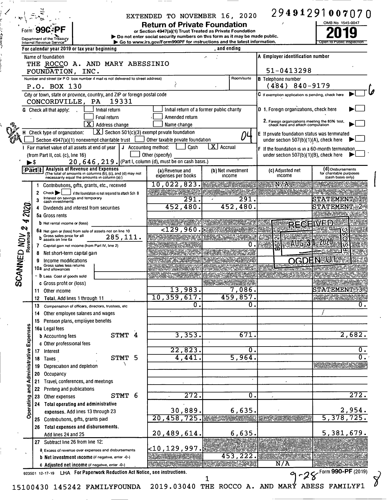 Image of first page of 2019 Form 990PF for The Rocco A and Mary Abessinio Foundation