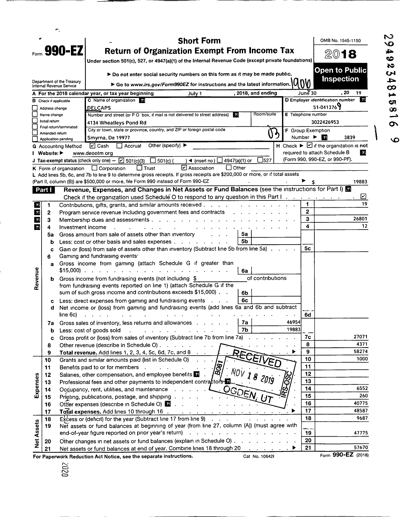 Image of first page of 2018 Form 990EZ for Creative Opportunities Unlimited / Delcaps Inc