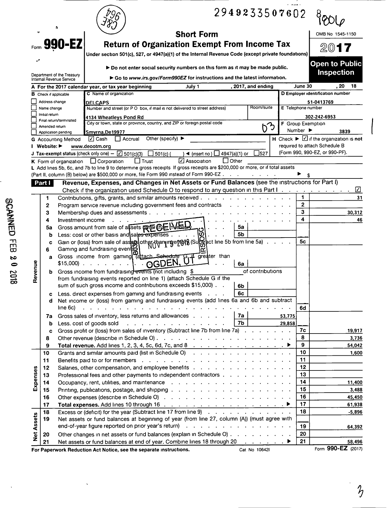 Image of first page of 2017 Form 990EZ for Creative Opportunities Unlimited / Delcaps Inc