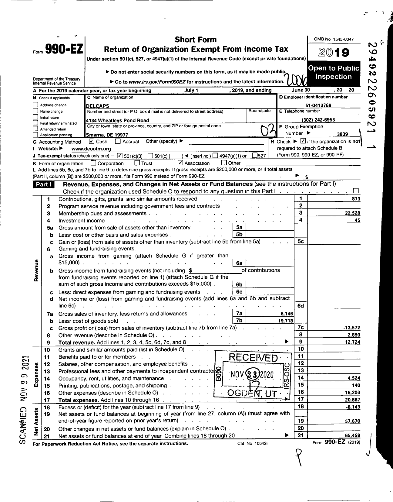 Image of first page of 2019 Form 990EZ for Creative Opportunities Unlimited / Delcaps Inc