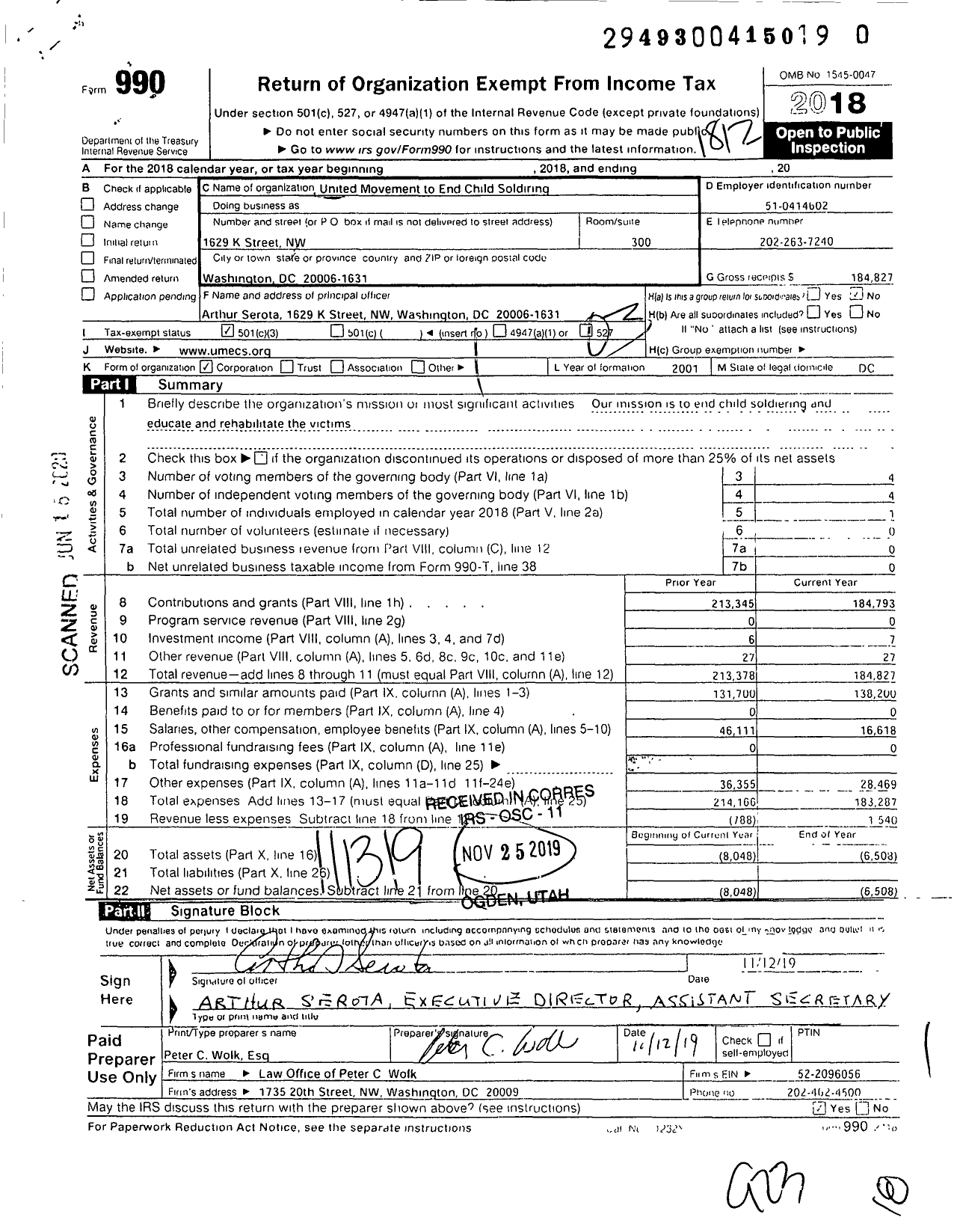 Image of first page of 2018 Form 990 for United Movement to End Child Soldiering