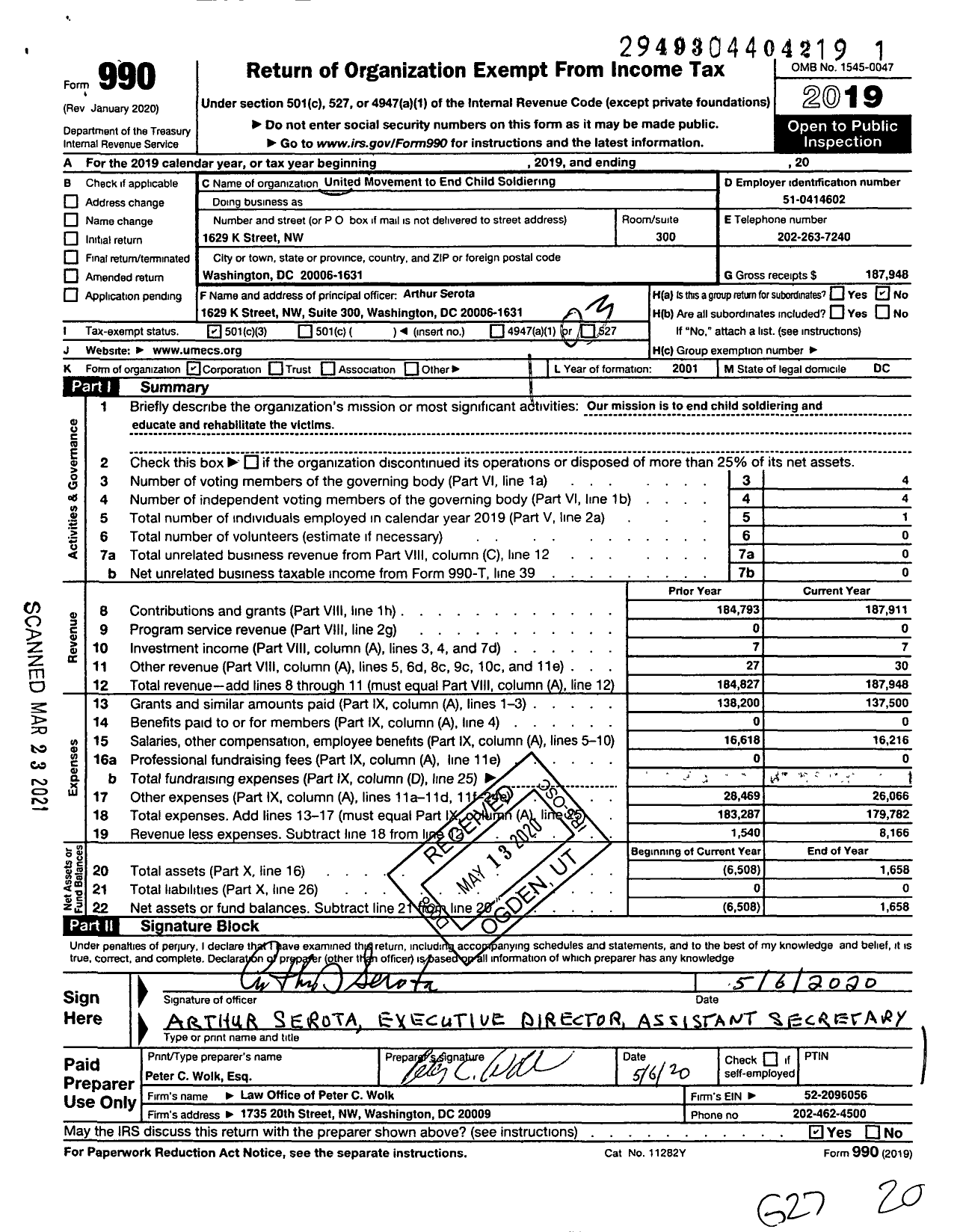 Image of first page of 2019 Form 990 for United Movement to End Child Soldiering