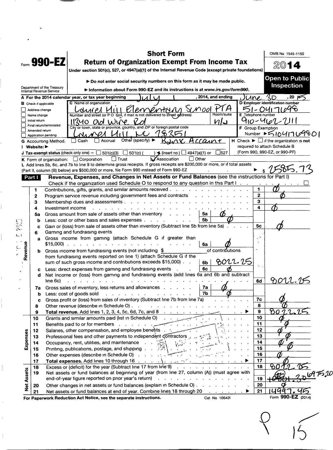 Image of first page of 2014 Form 990EO for North Carolina PTA - Laurel Hill Elementary School