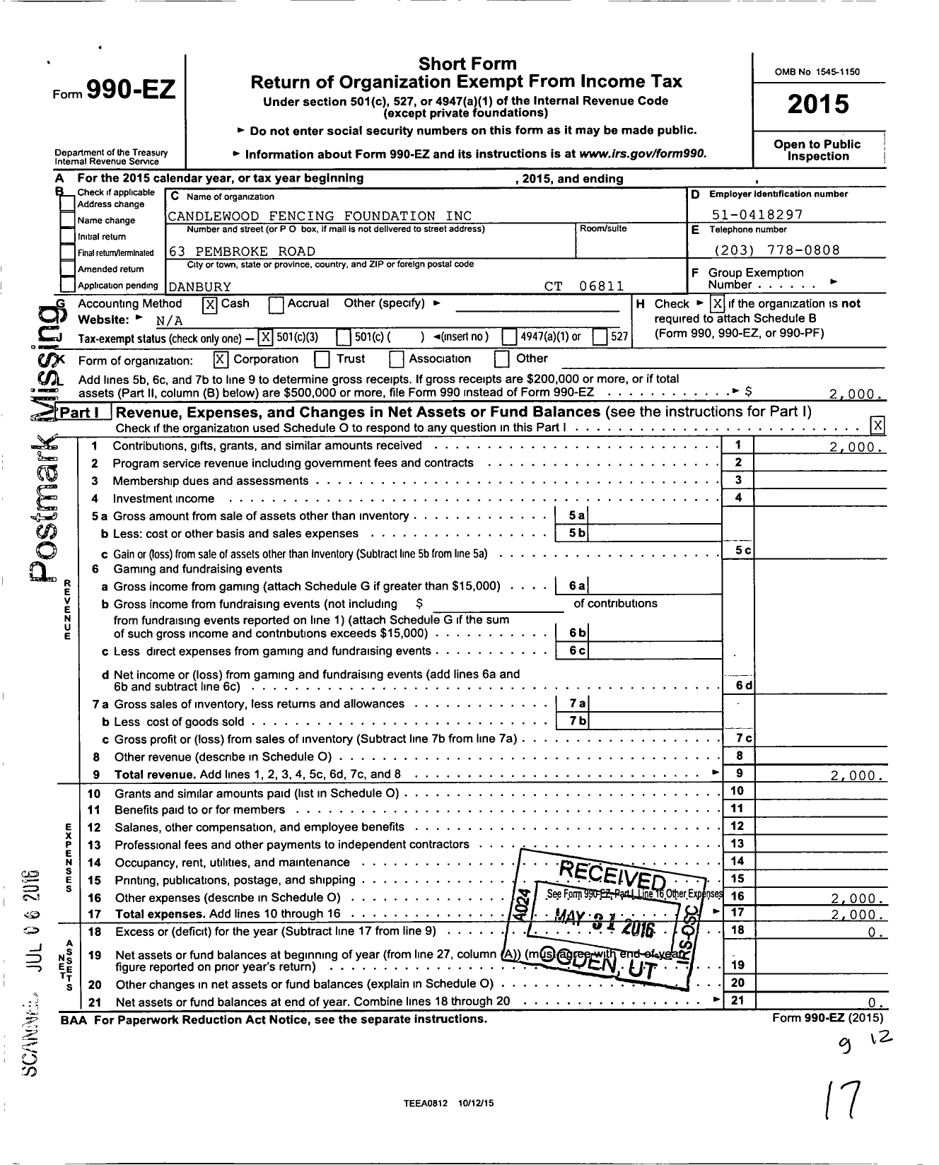 Image of first page of 2015 Form 990EZ for Candlewood Fencing Foundation