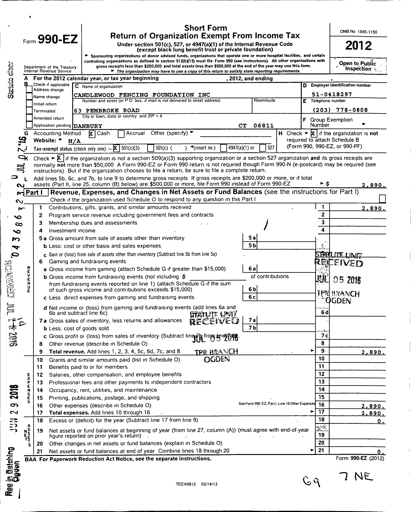 Image of first page of 2012 Form 990EZ for Candlewood Fencing Foundation