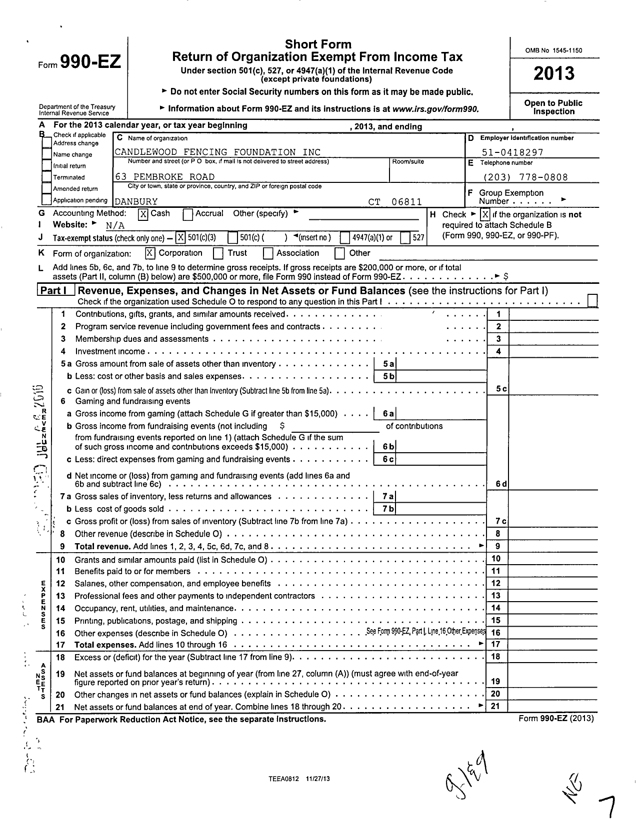 Image of first page of 2013 Form 990EZ for Candlewood Fencing Foundation