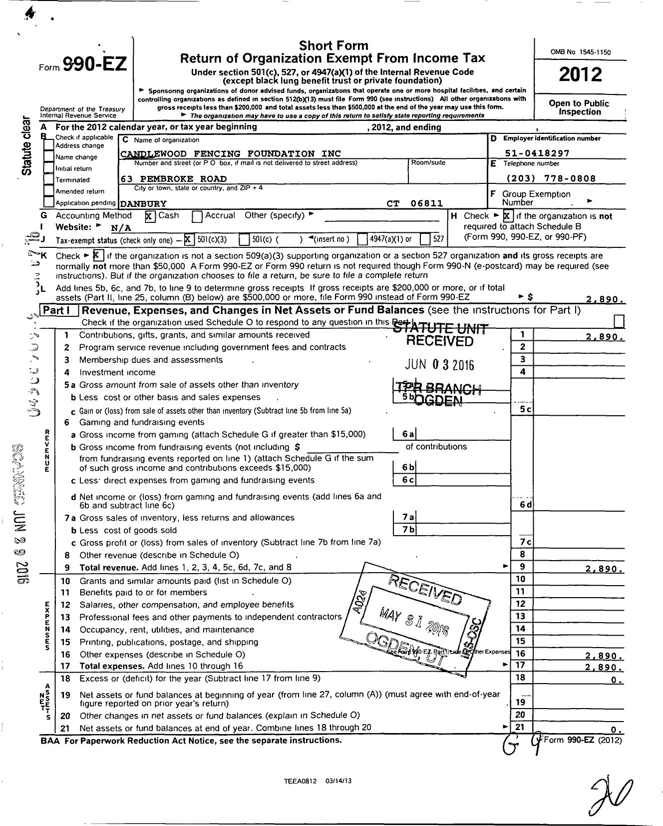 Image of first page of 2012 Form 990EZ for Candlewood Fencing Foundation