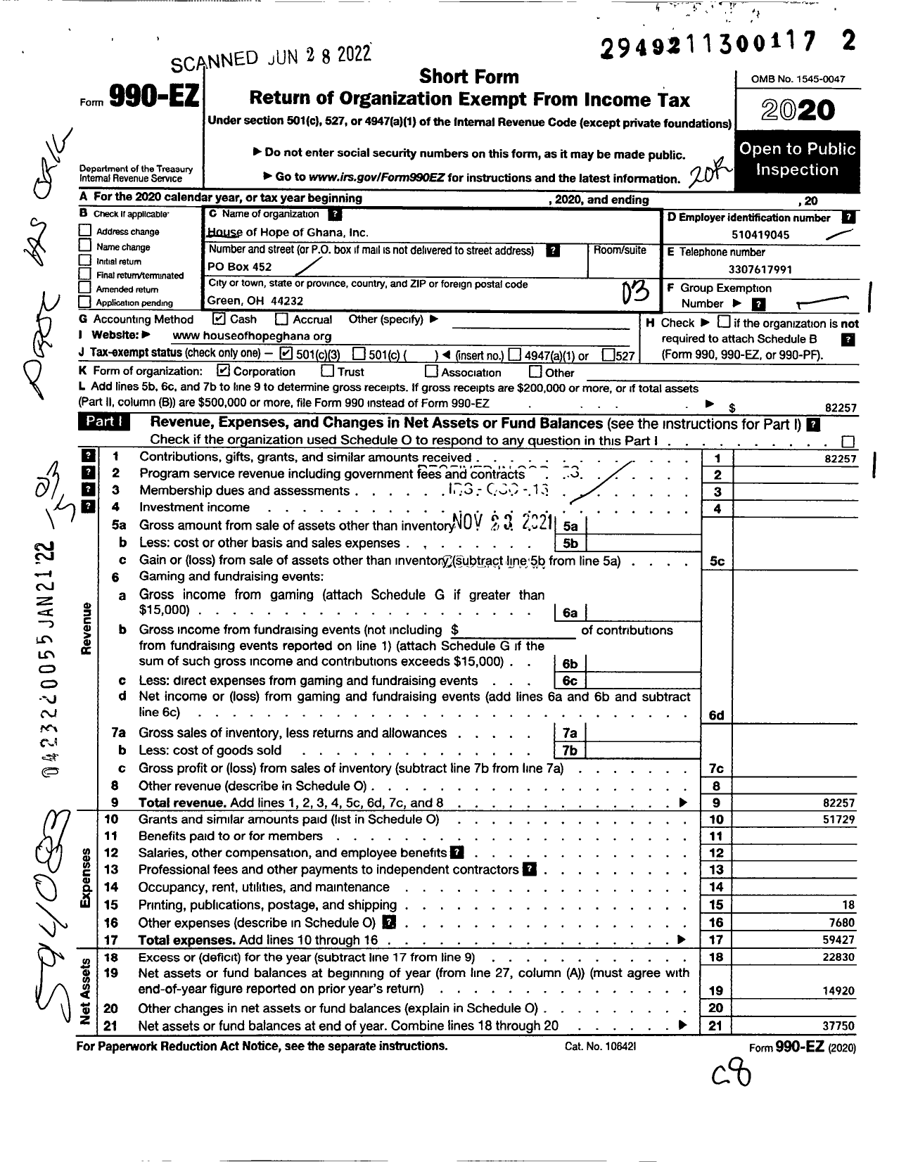 Image of first page of 2020 Form 990EZ for House of Hope of Ghana