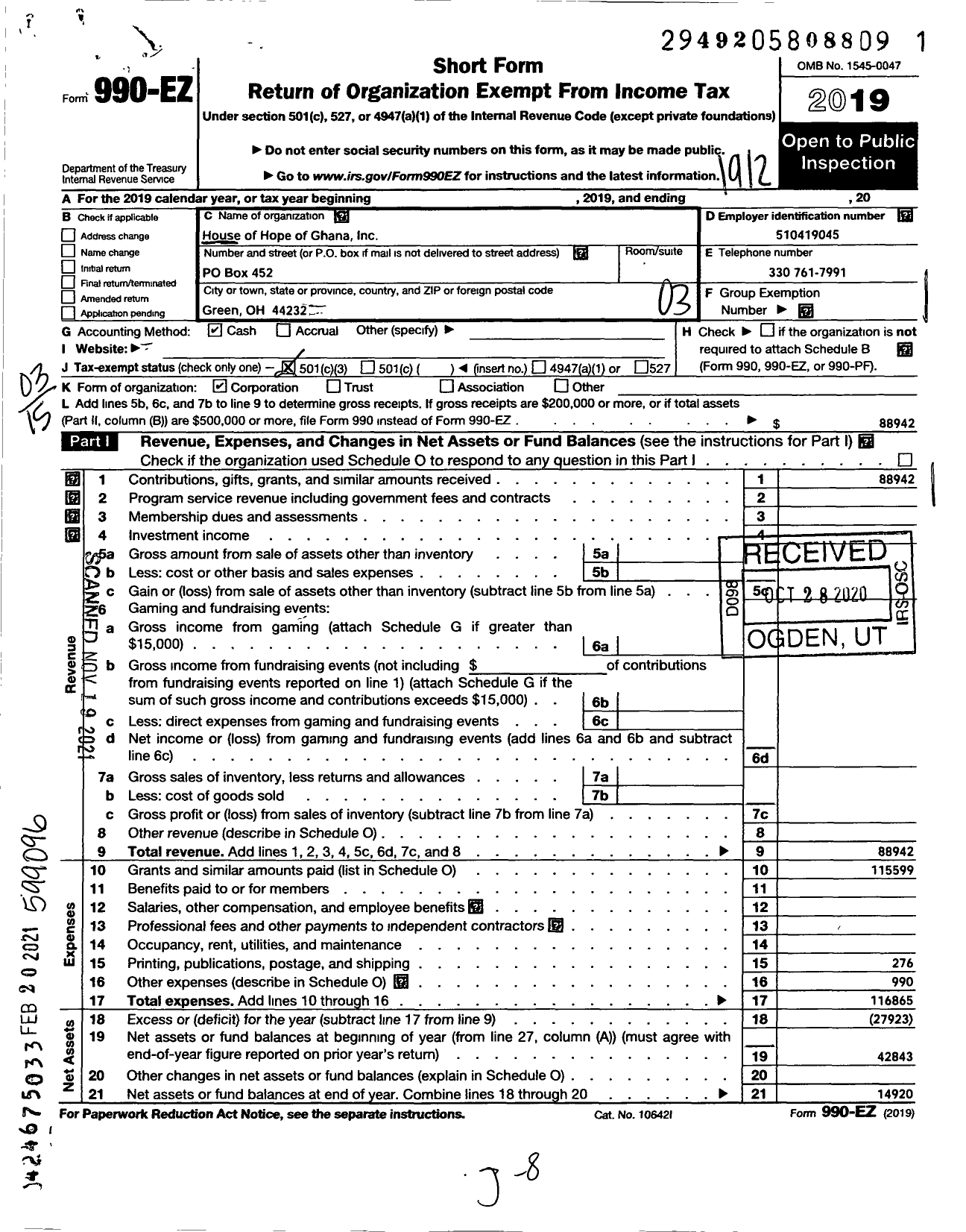 Image of first page of 2019 Form 990EZ for House of Hope of Ghana