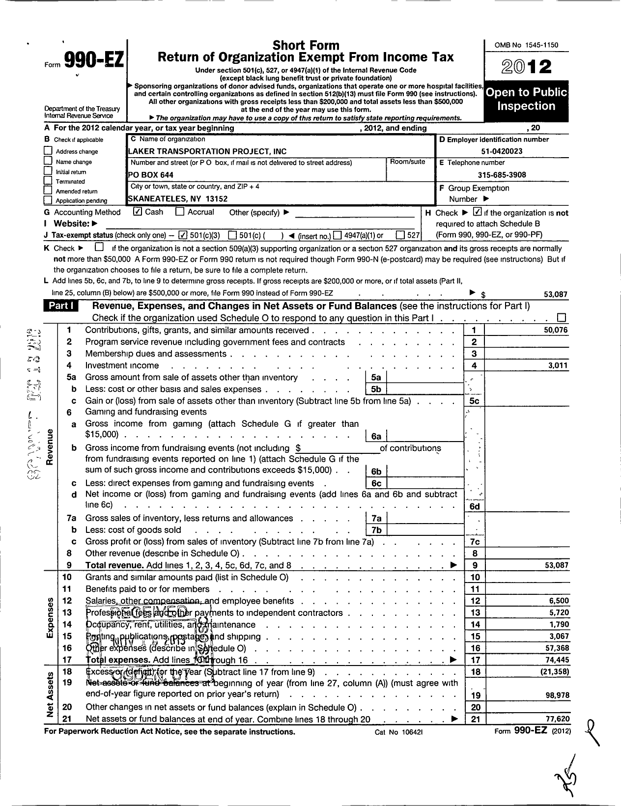 Image of first page of 2012 Form 990EZ for Laker Transportation Project