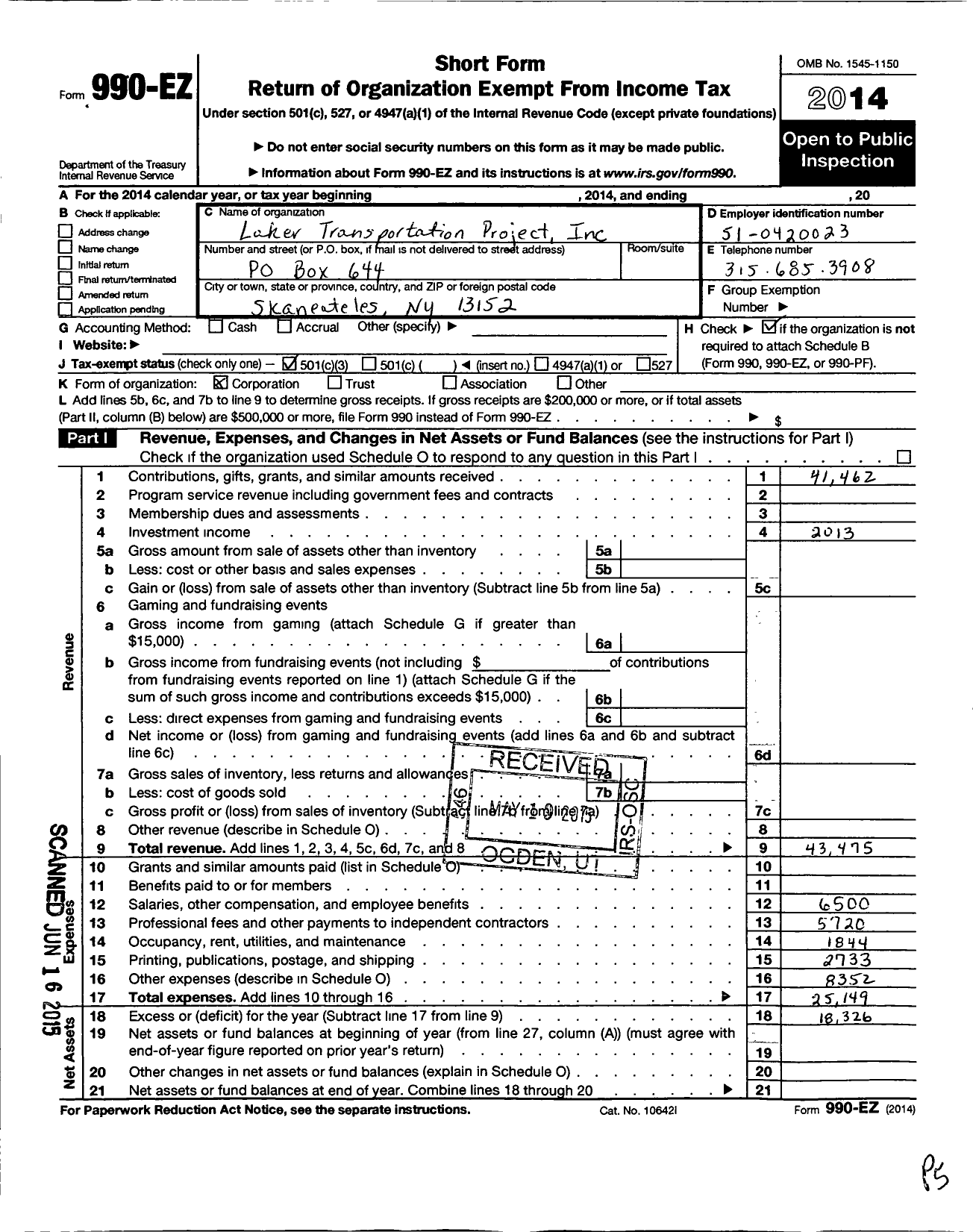 Image of first page of 2014 Form 990EZ for Laker Transportation Project