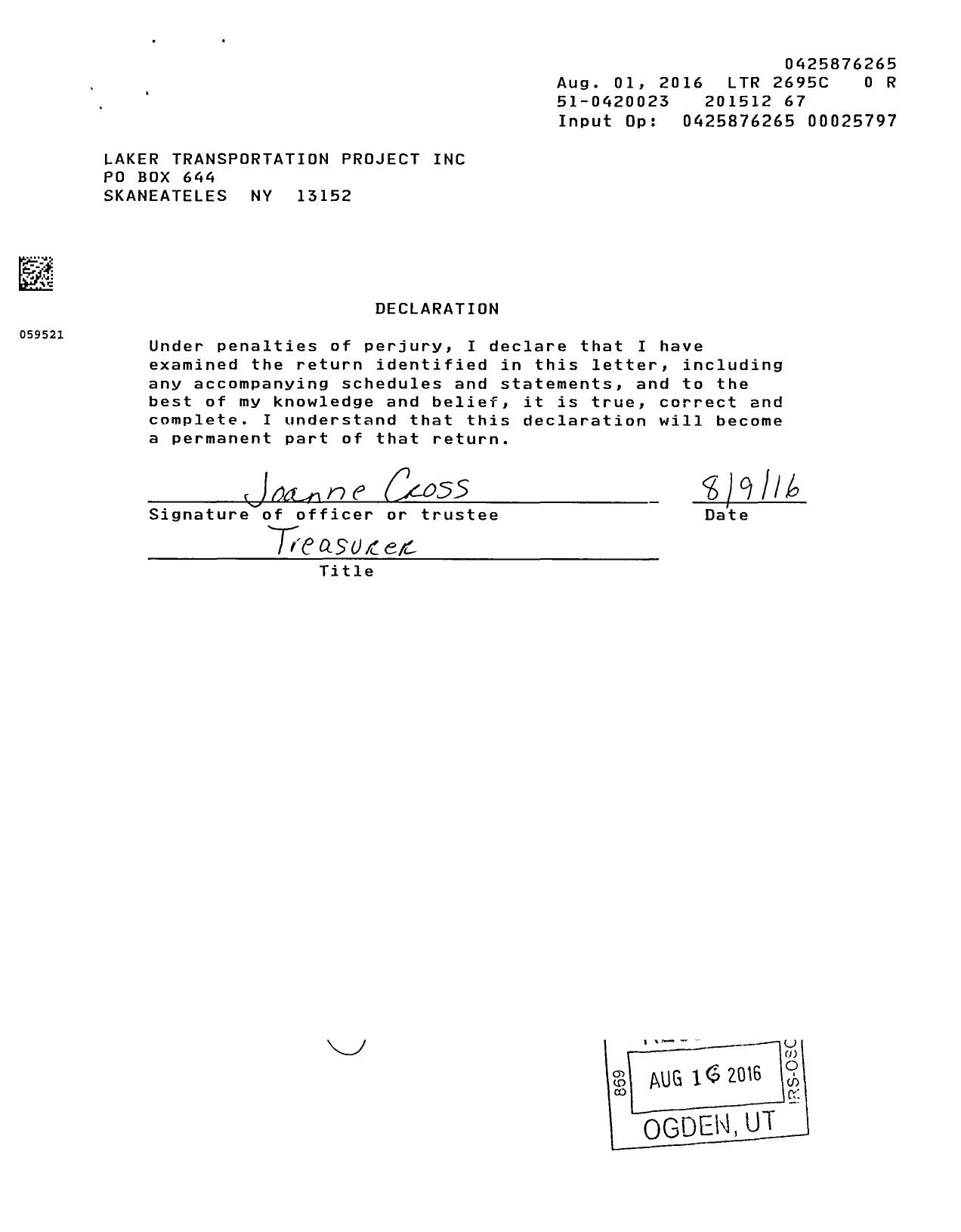 Image of first page of 2015 Form 990ER for Laker Transportation Project