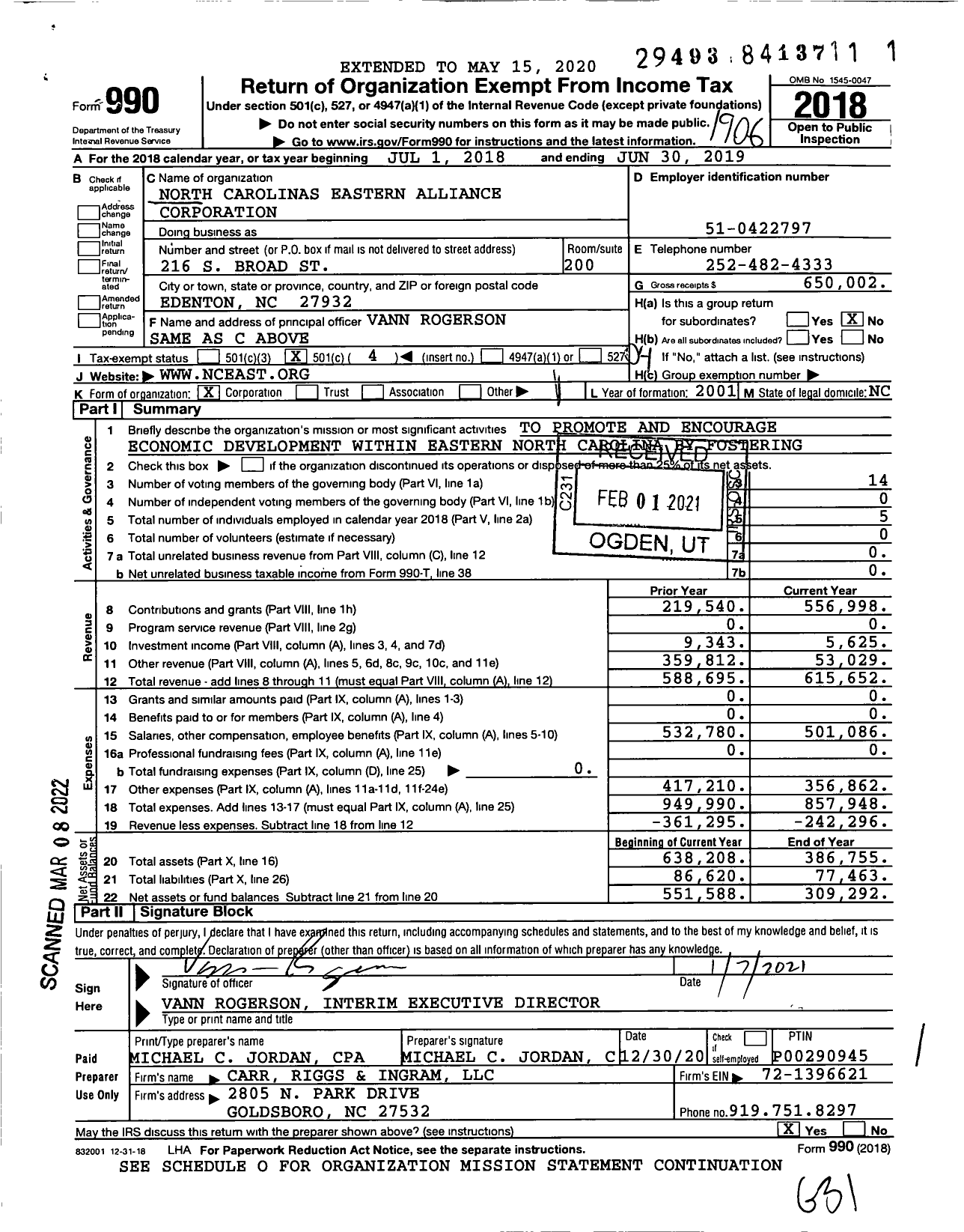 Image of first page of 2018 Form 990O for North Carolinas Eastern Alliance Corporation