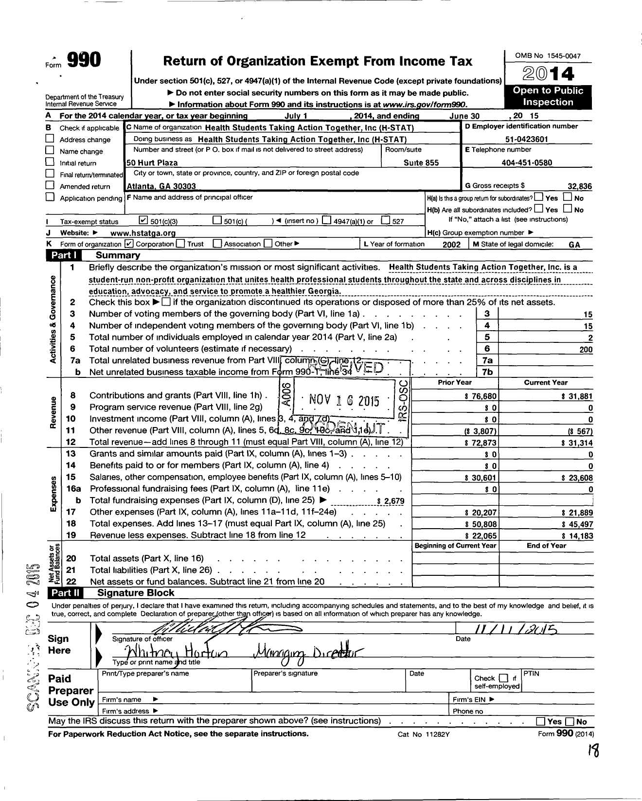 Image of first page of 2014 Form 990 for Health Students Taking Action Together (H-STAT)