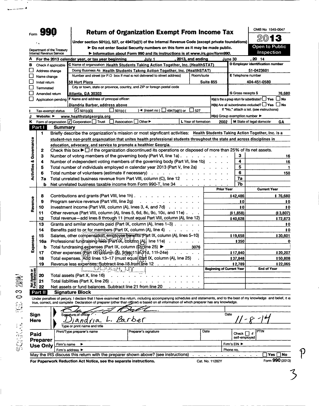 Image of first page of 2013 Form 990 for Health Students Taking Action Together (H-STAT)