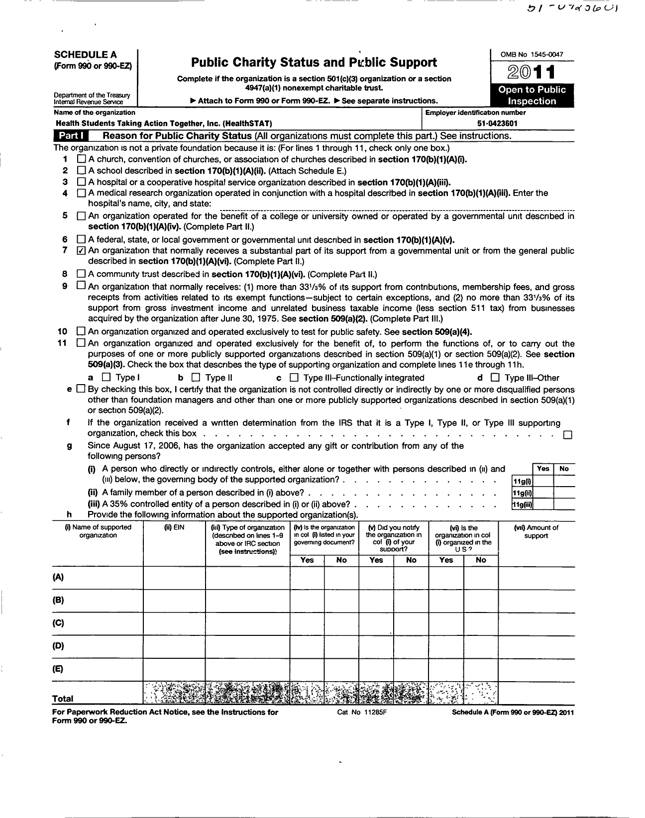 Image of first page of 2011 Form 990R for Health Students Taking Action Together (H-STAT)